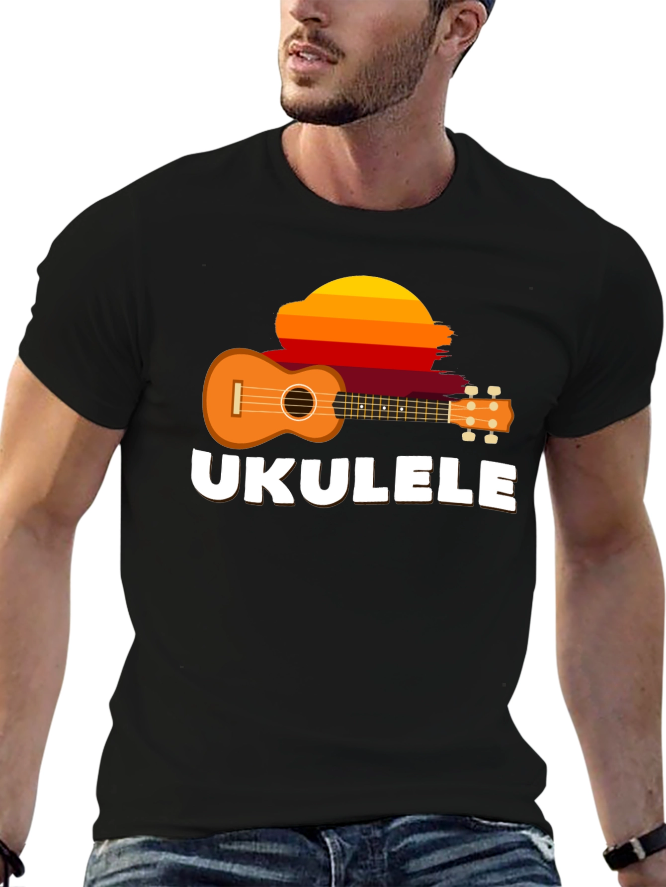 Black Ukulele Sunset Graphic Tee - Black Cotton T-Shirt view 6