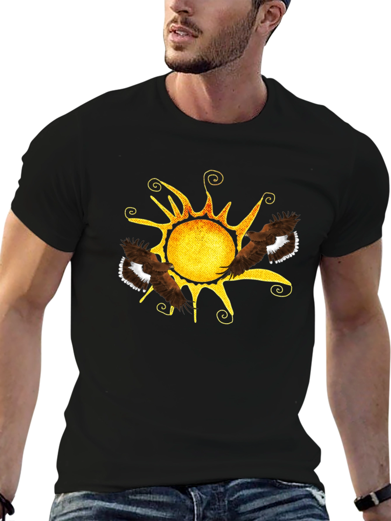 Black Black Tee with Sun & Eagle Design view 6