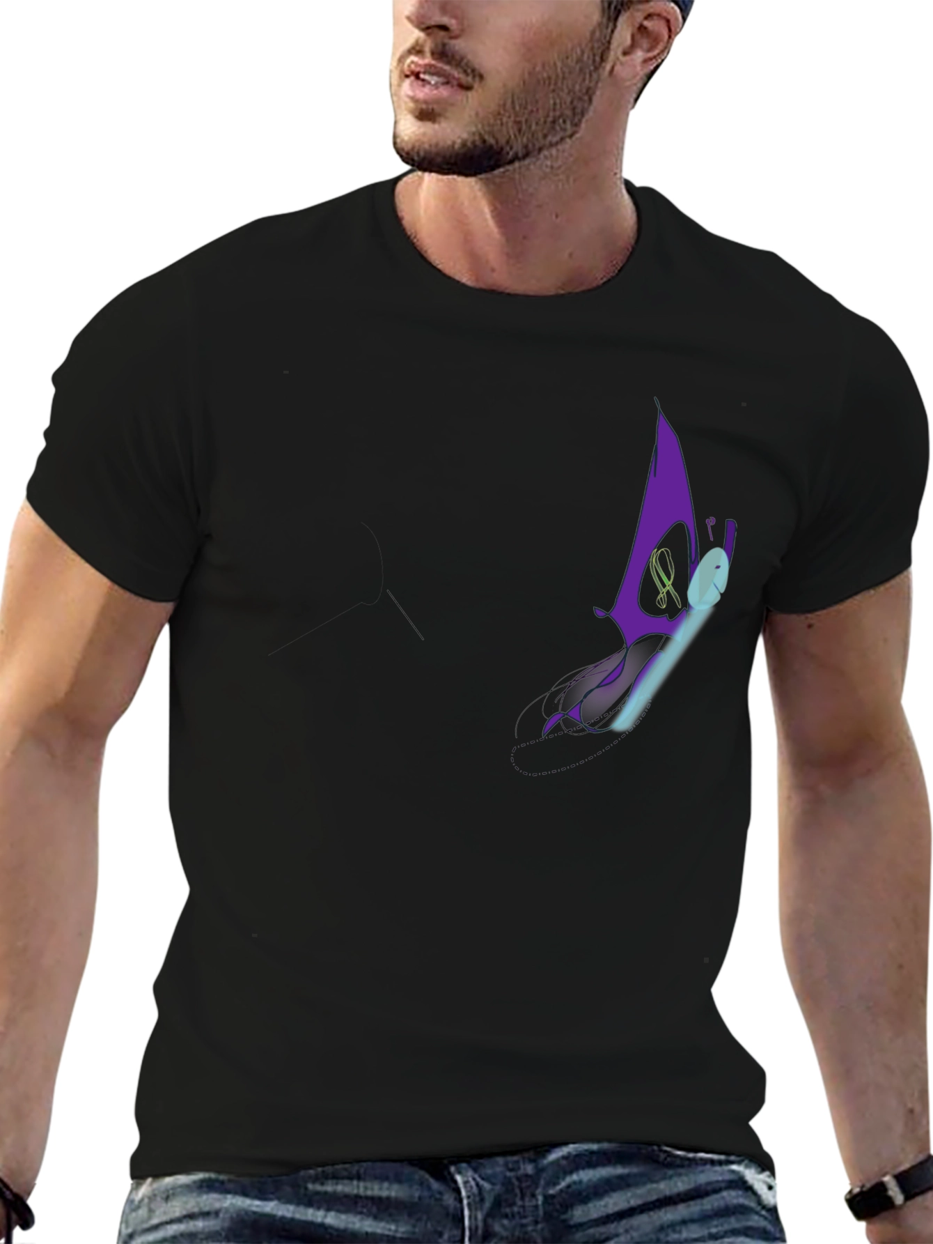 Men's Black Graphic T-Shirt - Purple Butterfly Design - 6