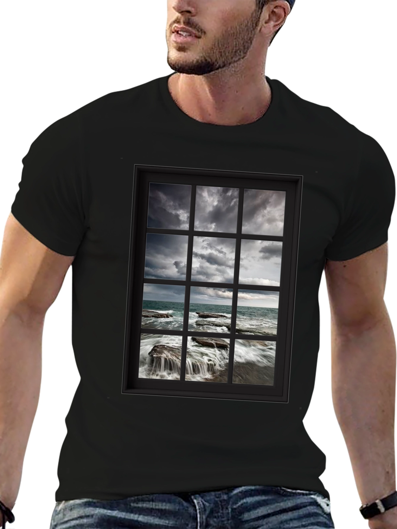 Black Ocean View Window T-Shirt view 6