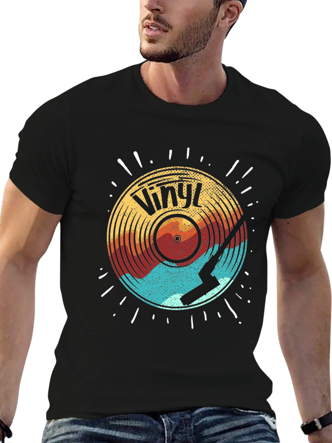 Black Retro Vinyl Record Graphic Tee - Black Cotton Comfort view 6