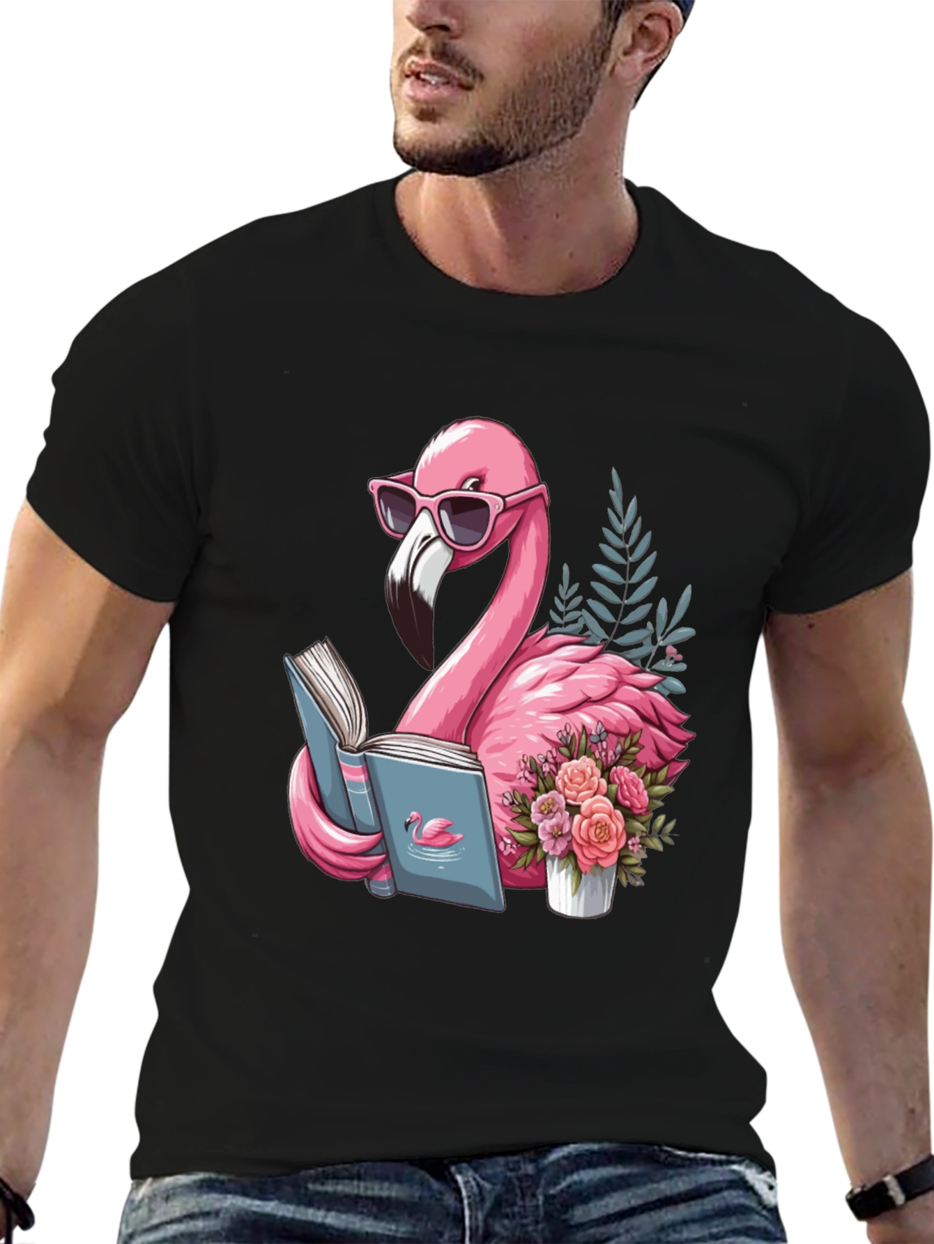 Black Flamingo Reading T-Shirt - Black Cotton Tee view 6