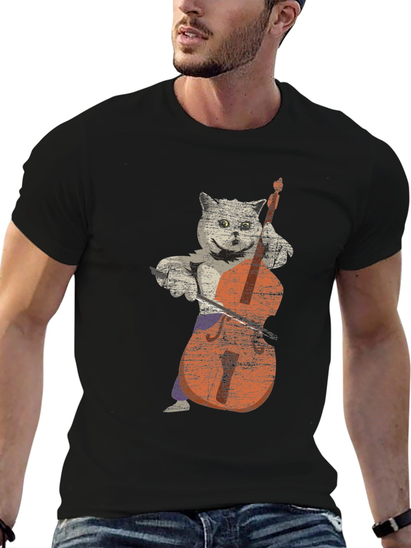 Black Cat Playing Cello Graphic T-Shirt view 6