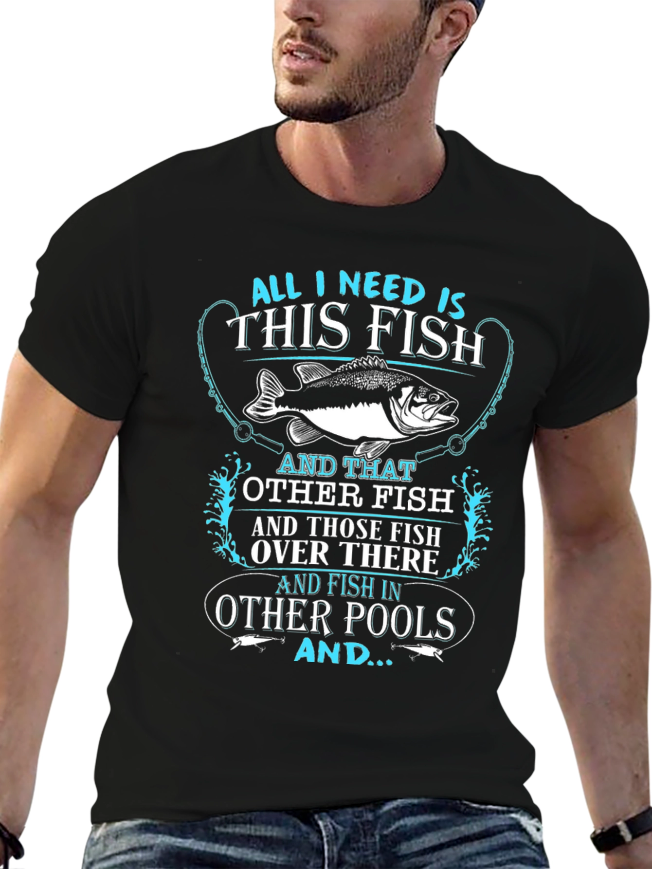 Black Funny Fishing T-Shirt - All I Need is This Fish view 6
