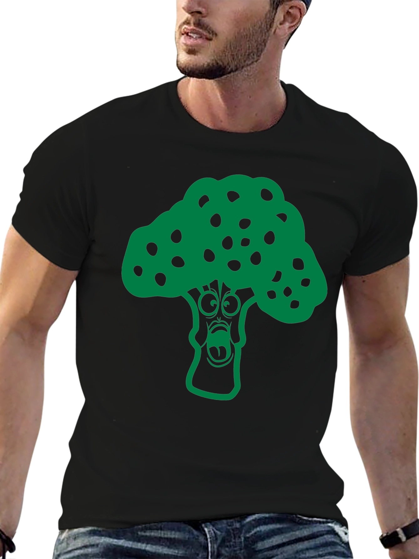 Black Cartoon Broccoli Graphic T-Shirt - Funny Vegan Tee view 6