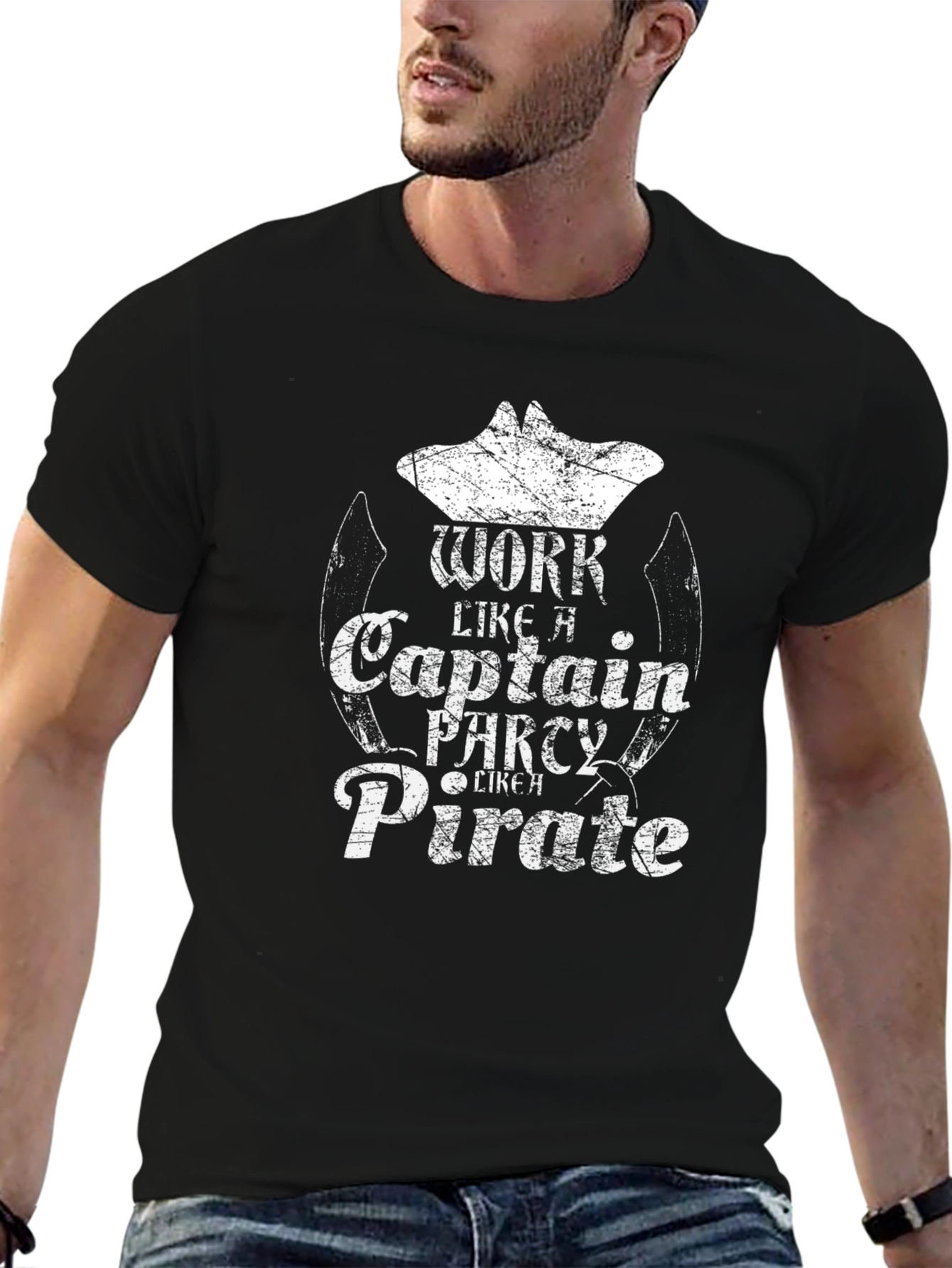 Black Work Like A Captain Pirate Men's Black T-Shirt view 6