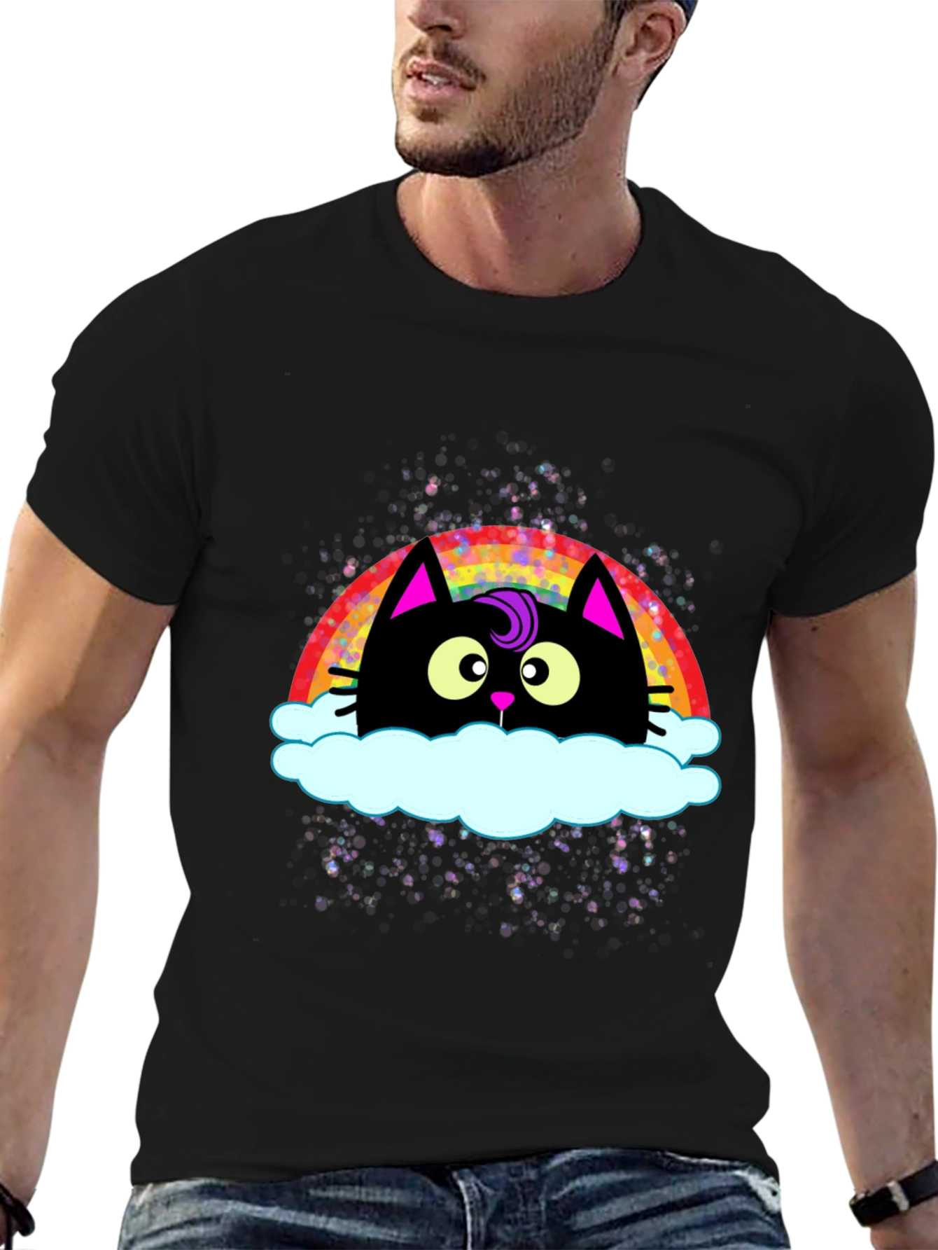 Black Rainbow Cat Cloud Graphic T-Shirt - Trendy Casual Tee view 6