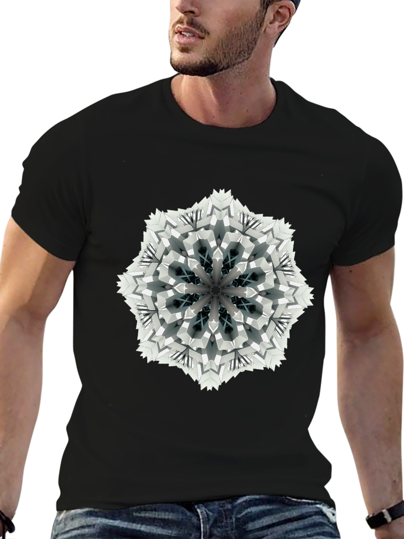 Black Geometric Mandala Print Black T-Shirt view 6
