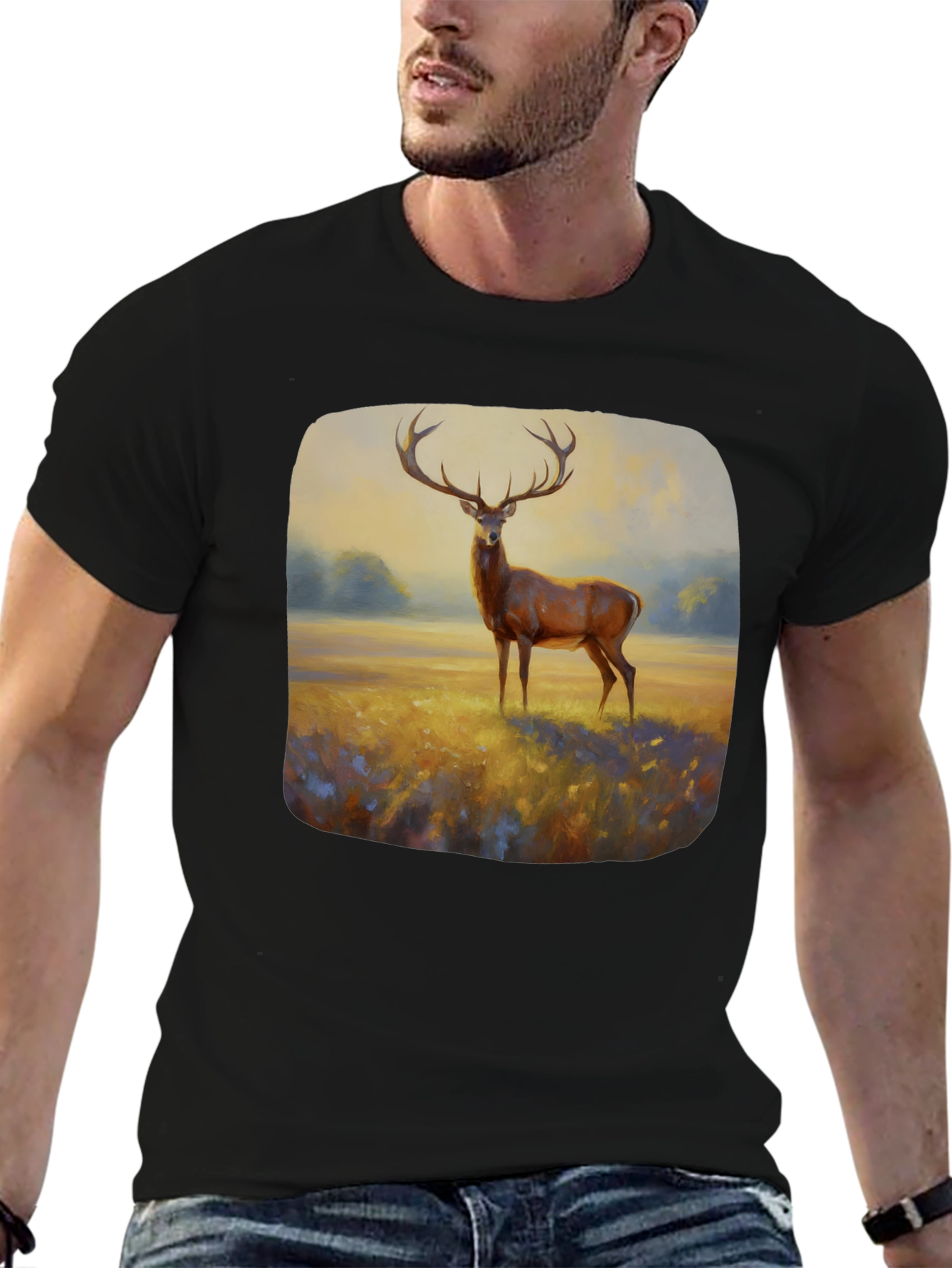 Black Deer Painting Graphic Tee - Nature Inspired Art Shirt view 6