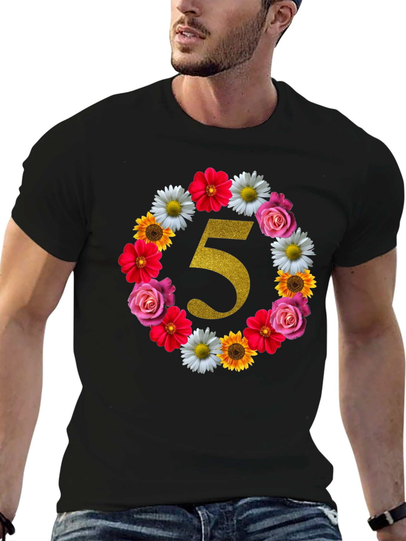 Black Floral Number 5 Birthday T-Shirt view 6