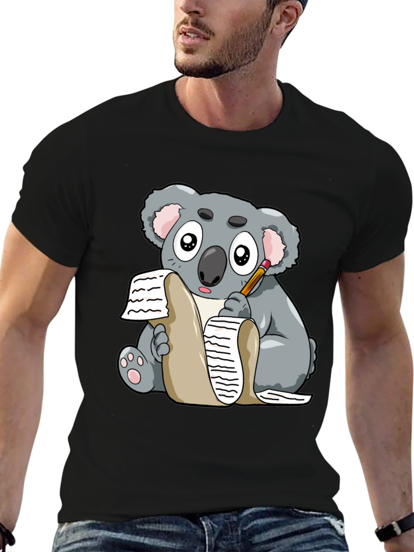 Black Koala Writer Graphic T-Shirt - Unisex Tee view 6