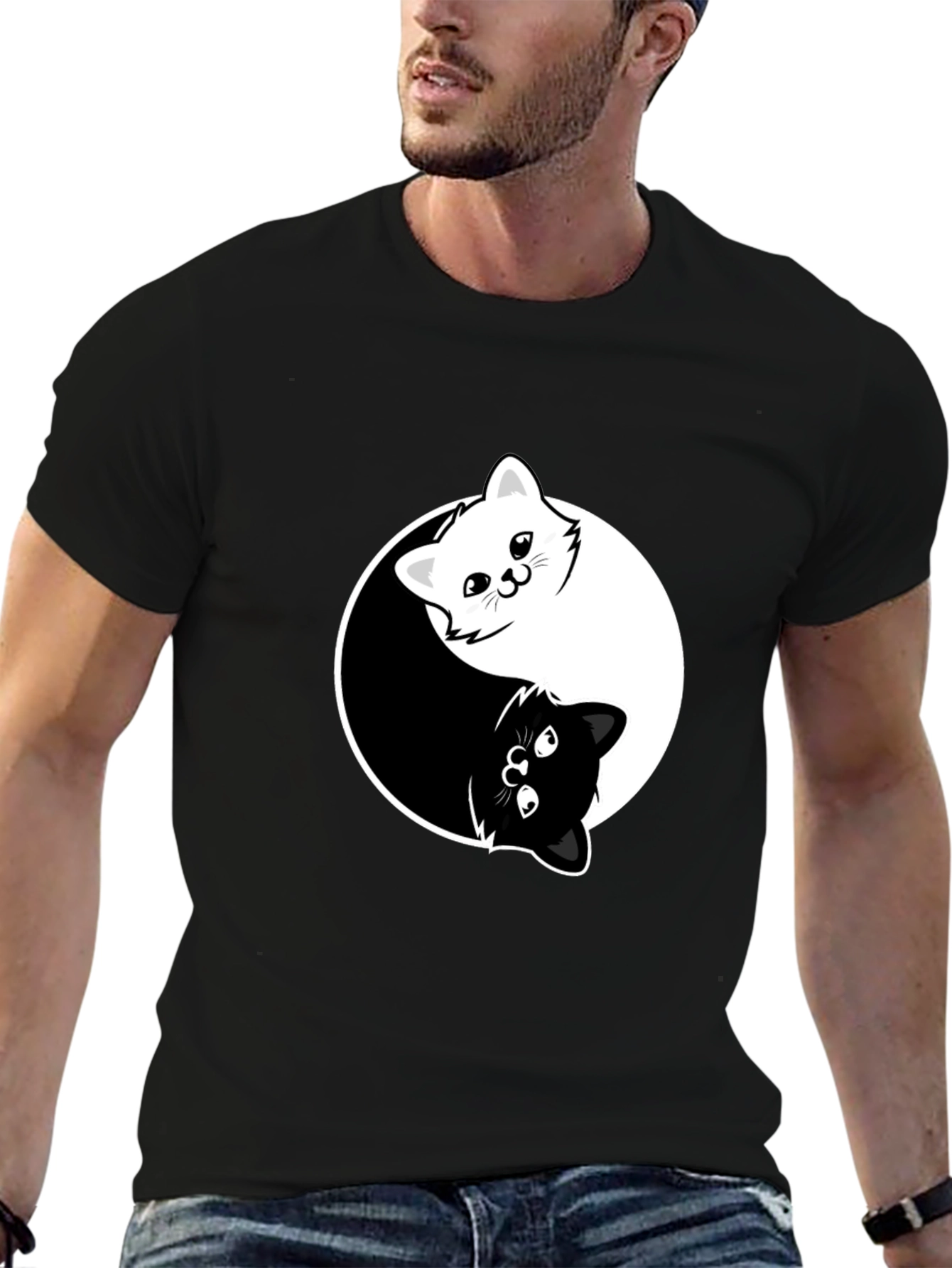 Black Yin Yang Cats Graphic Tee - Black Cotton Blend T-Shirt view 6
