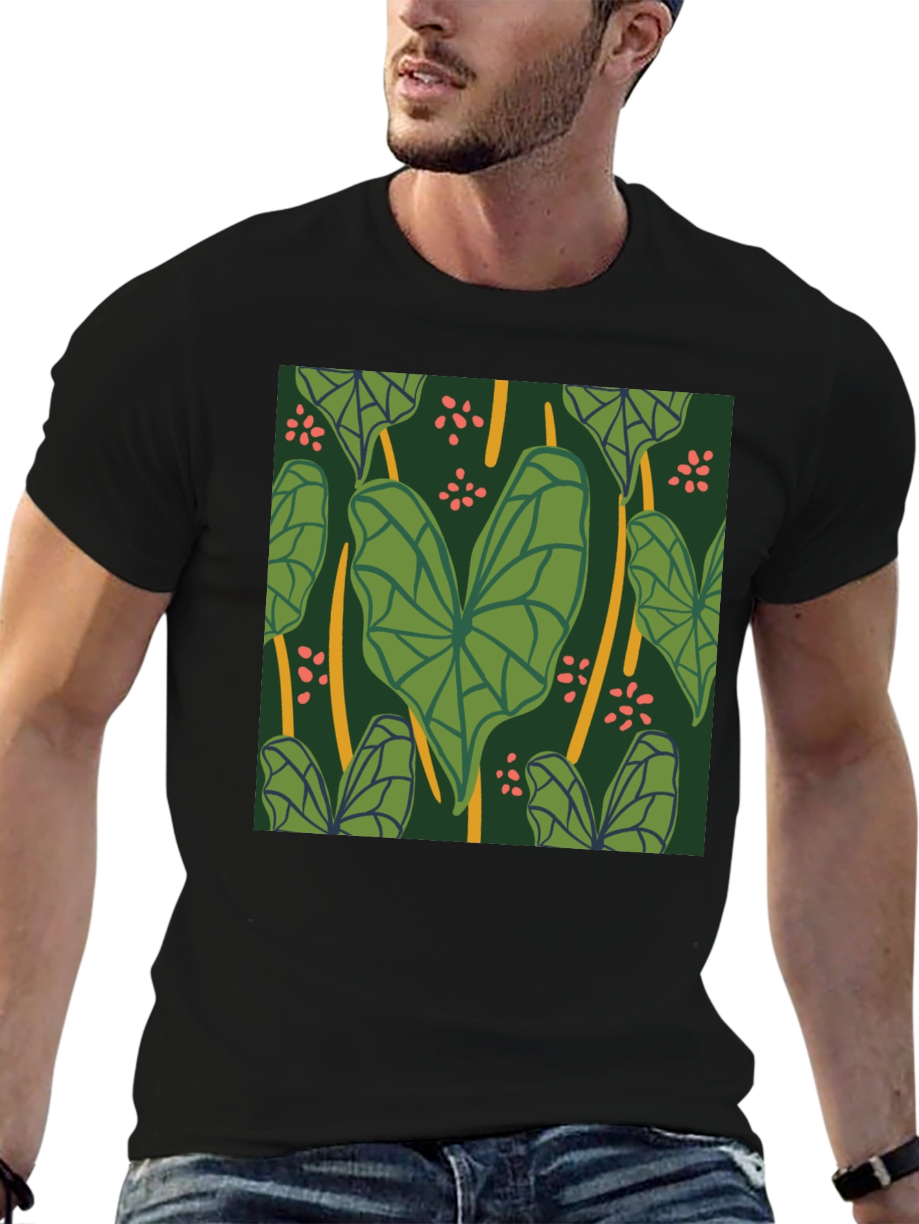 Black Tropical Leaf Pattern Black T-Shirt view 6