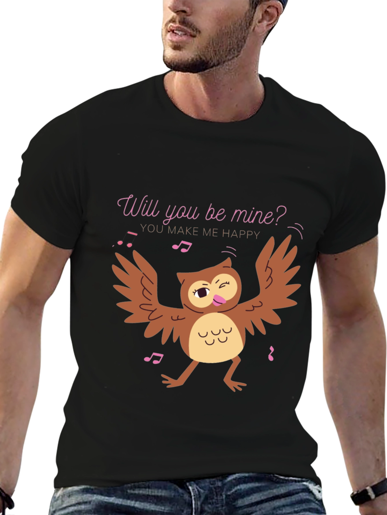 Black Whimsical Owl Valentine's Day T-Shirt view 6