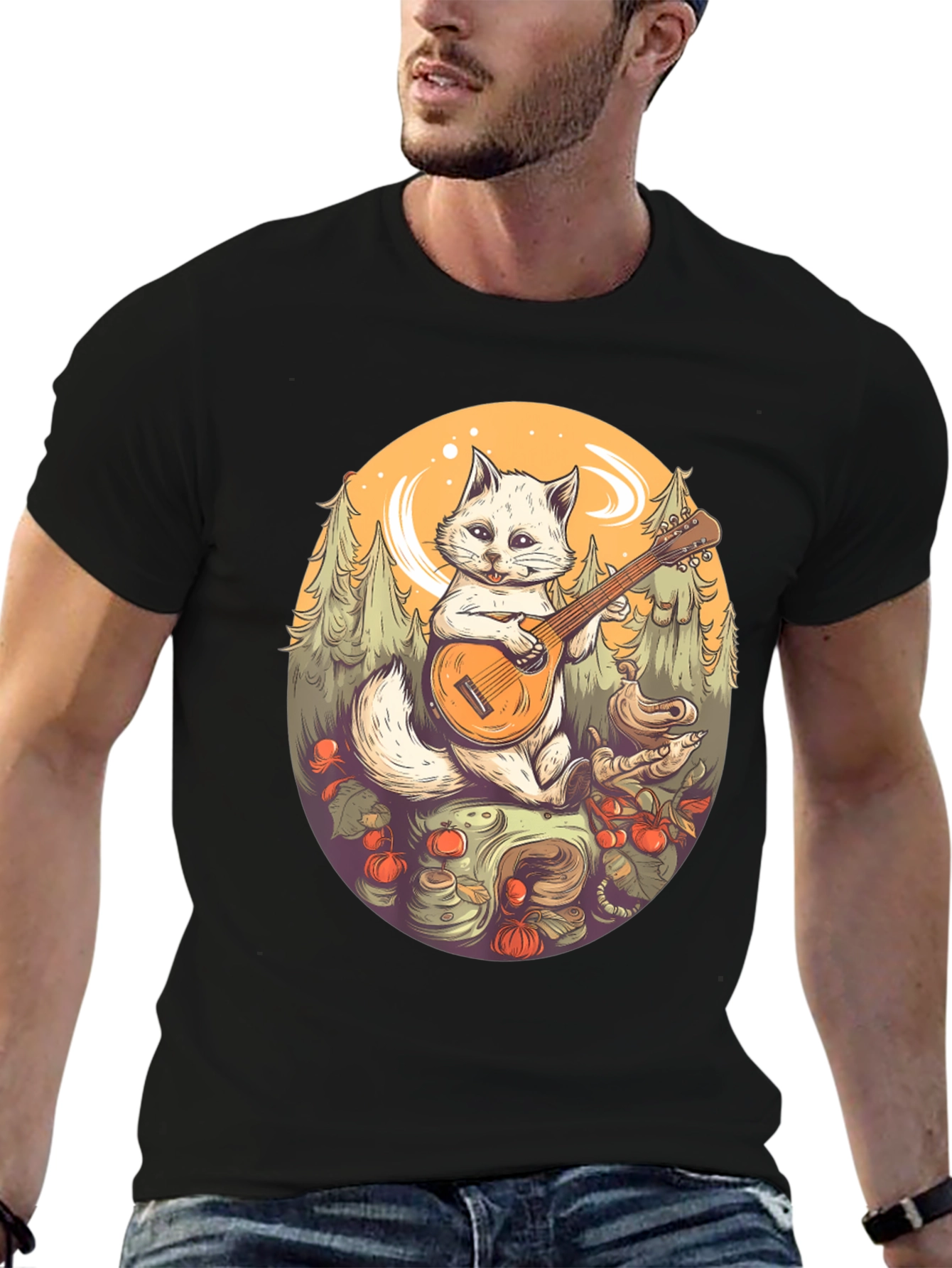 Black Cat Playing Banjo Graphic T-Shirt view 6