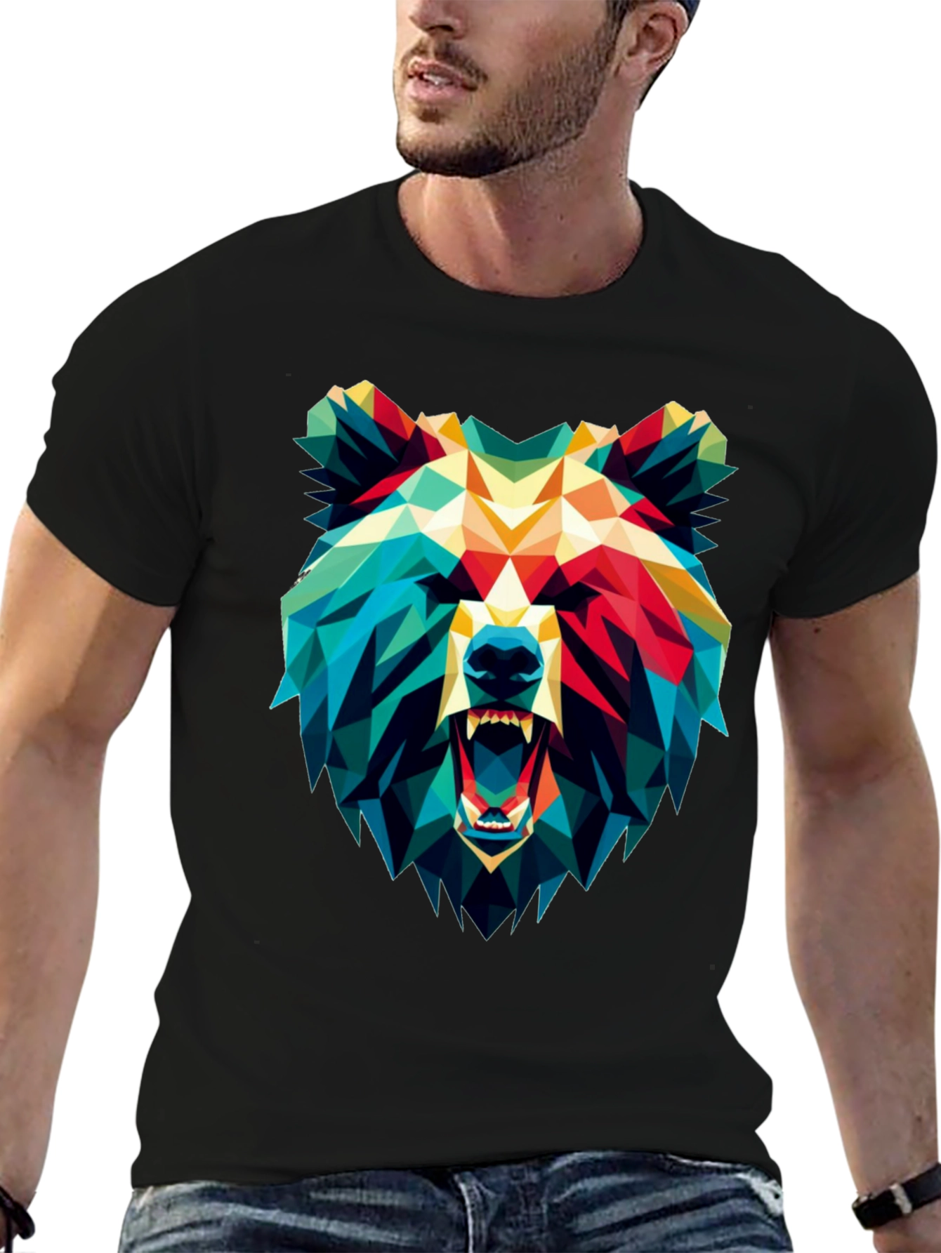 Black Geometric Bear Graphic Black T-Shirt view 6