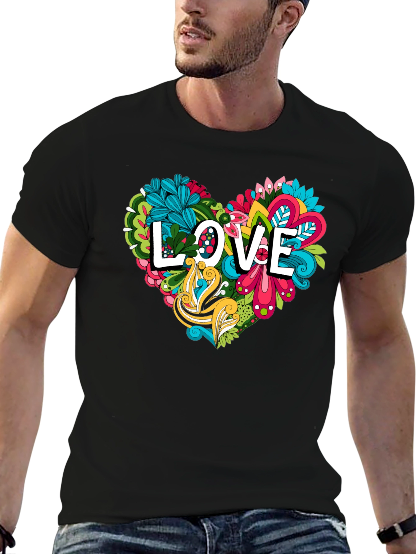Black Love Heart Graphic Tee - Black Cotton Shirt view 6