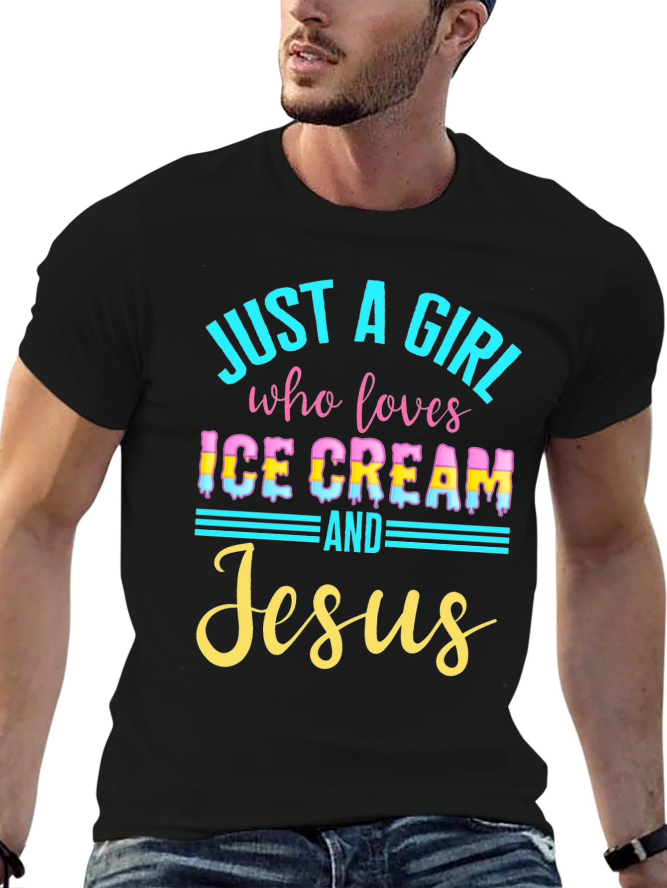 Black Just a Girl Who Loves Ice Cream and Jesus Black T-Shirt view 6