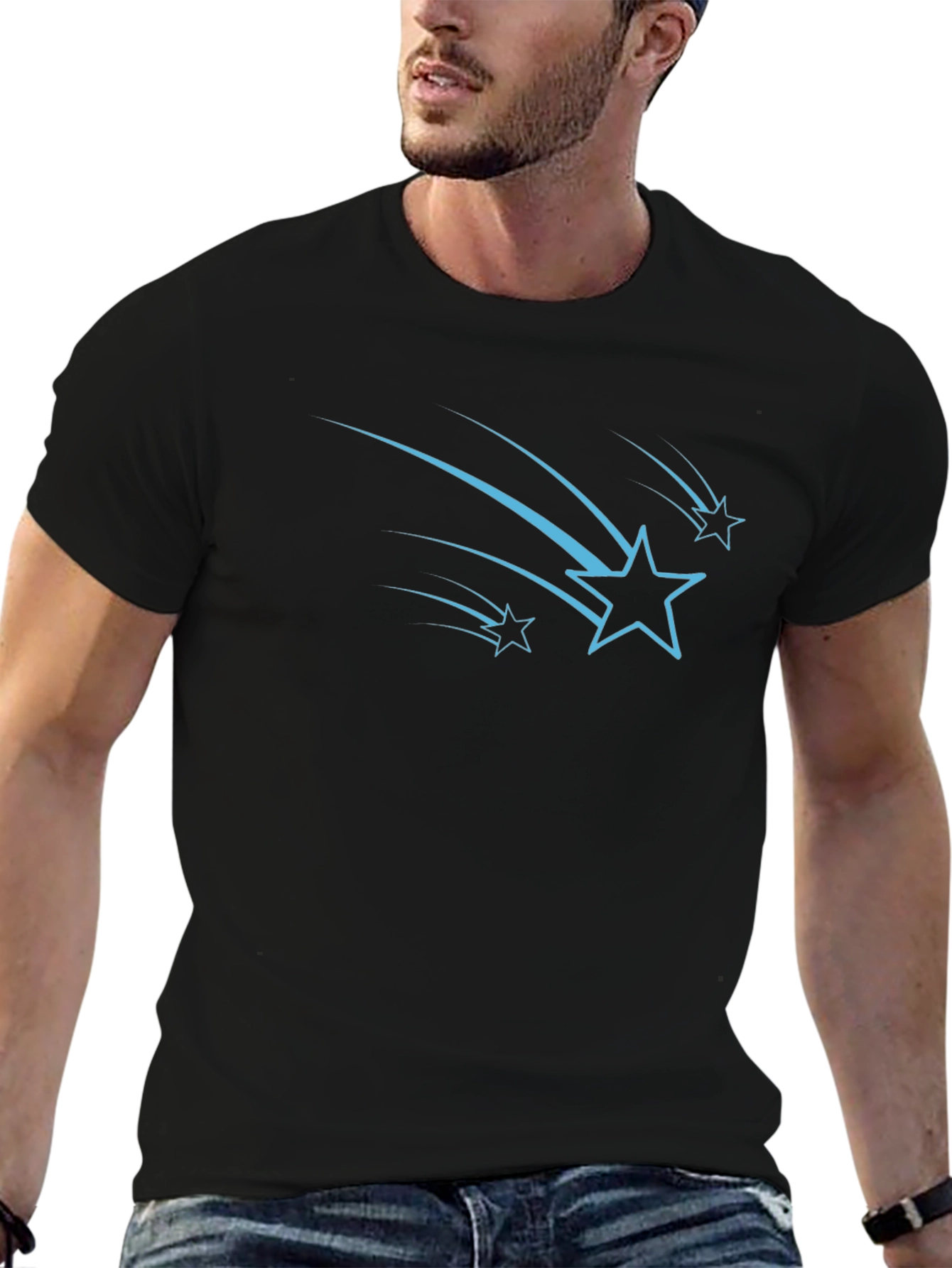 Black Stylish Black Tee with Blue Shooting Stars Design view 6