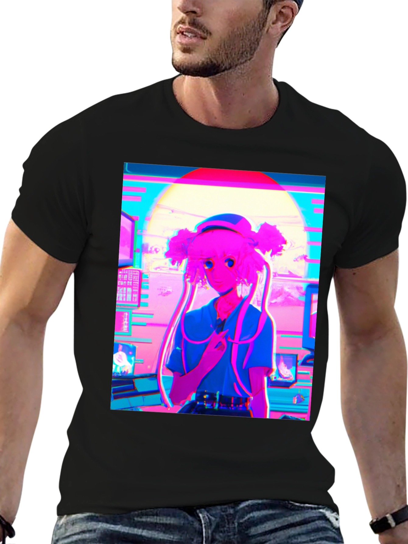 Black Vaporwave Anime Girl Graphic T-Shirt view 6