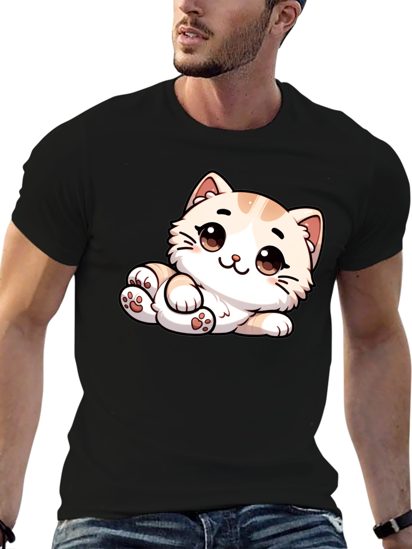 Black Cute Cartoon Cat Graphic Tee - Unisex Black T-Shirt view 6