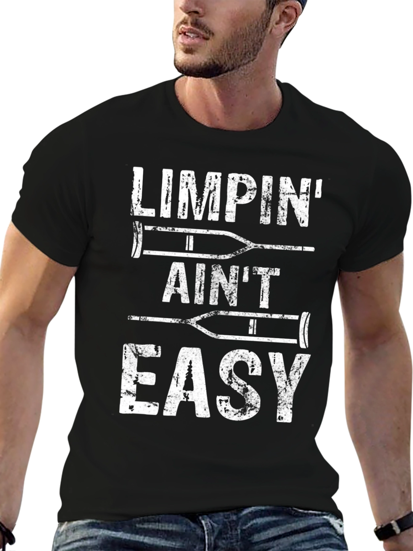 Black Limpin' Ain't Easy Funny Crutches Graphic Tee view 6