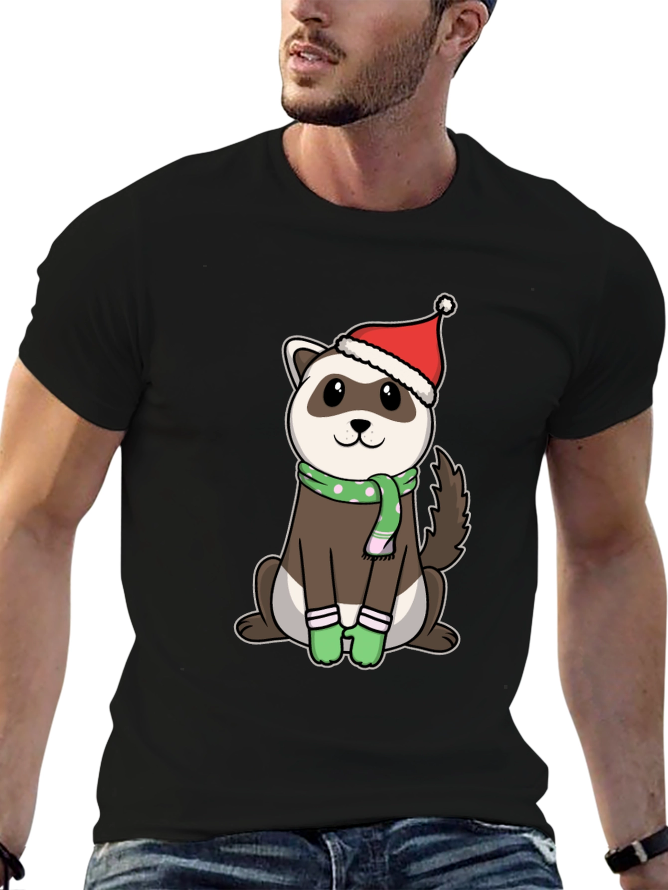 Black Festive Ferret Christmas T-Shirt view 6