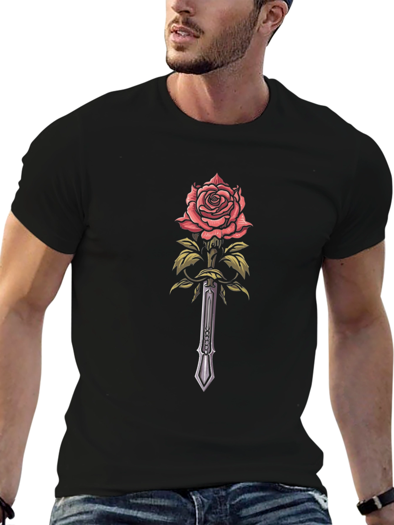 Black Rose & Sword Graphic Black T-Shirt view 6