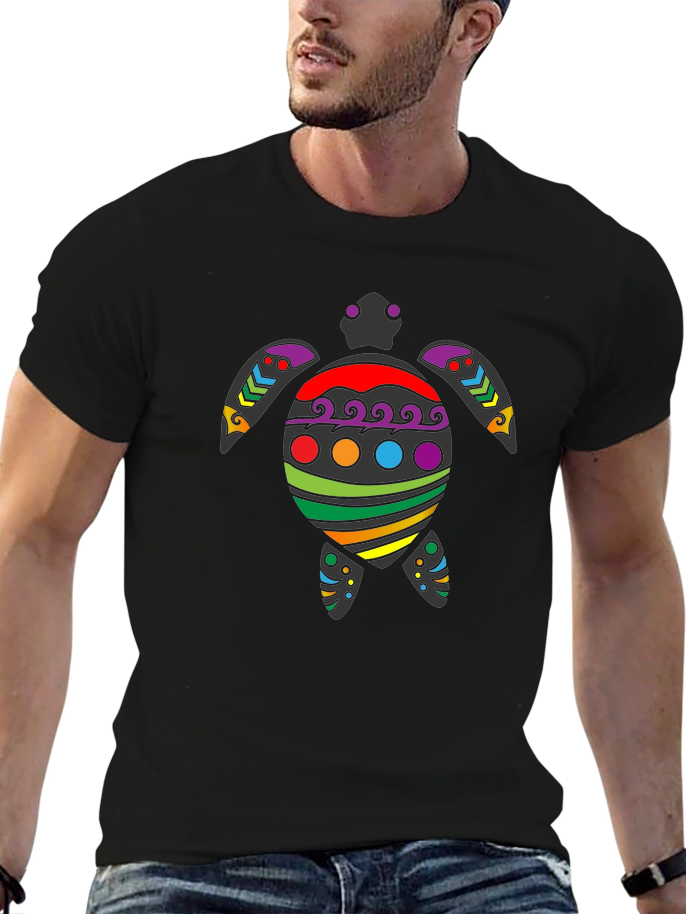 Black Rainbow Turtle Graphic Tee - Black Cotton Blend view 6
