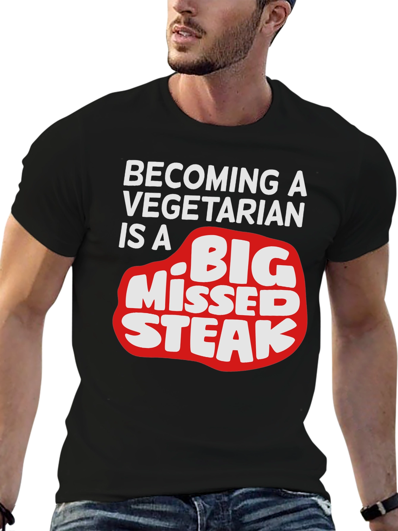 Black Funny Vegetarian Humor T-Shirt - Big Missed Steak view 6