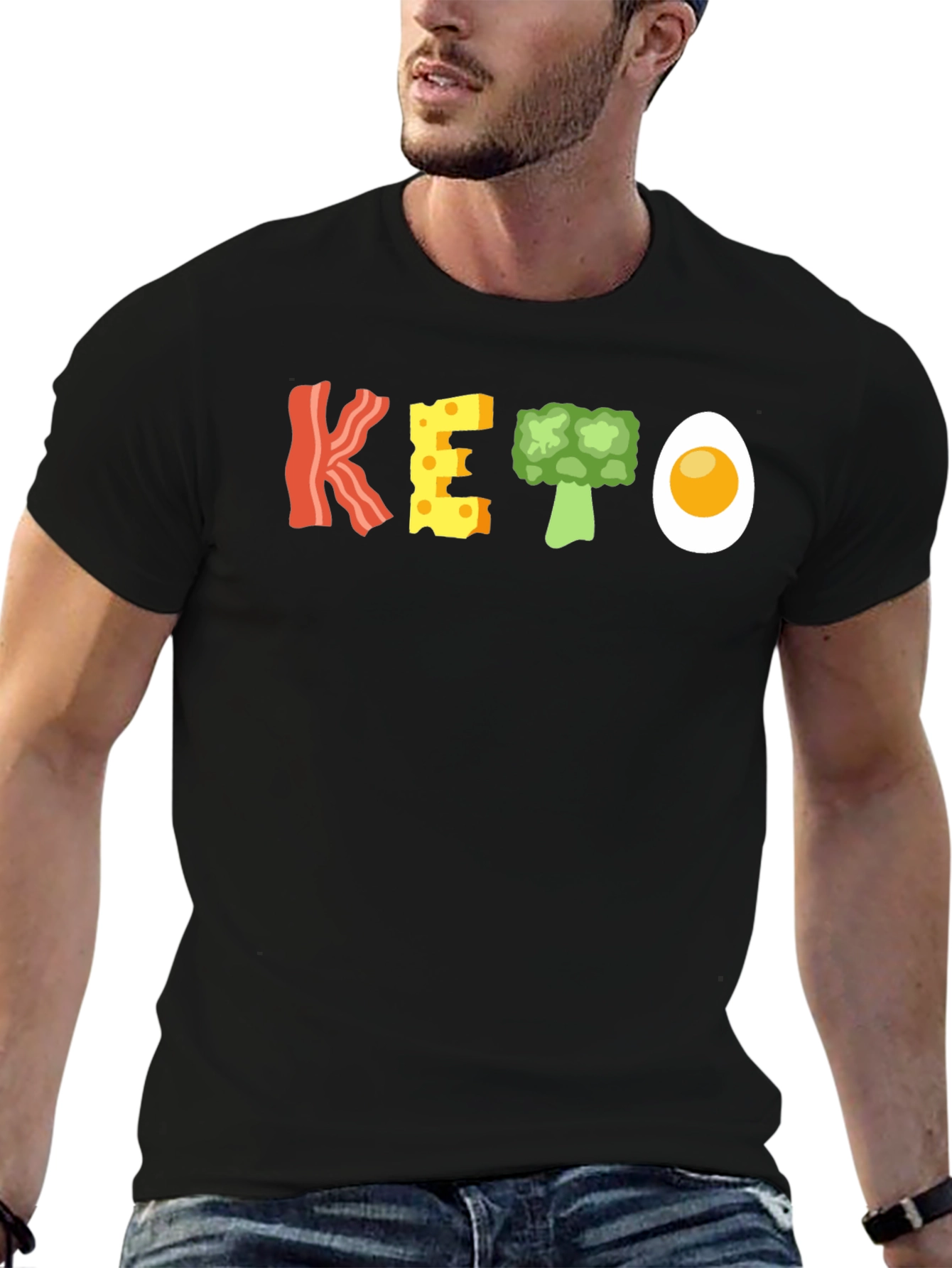 Black Keto Food T-Shirt - Bacon, Cheese, Broccoli, and Egg view 6