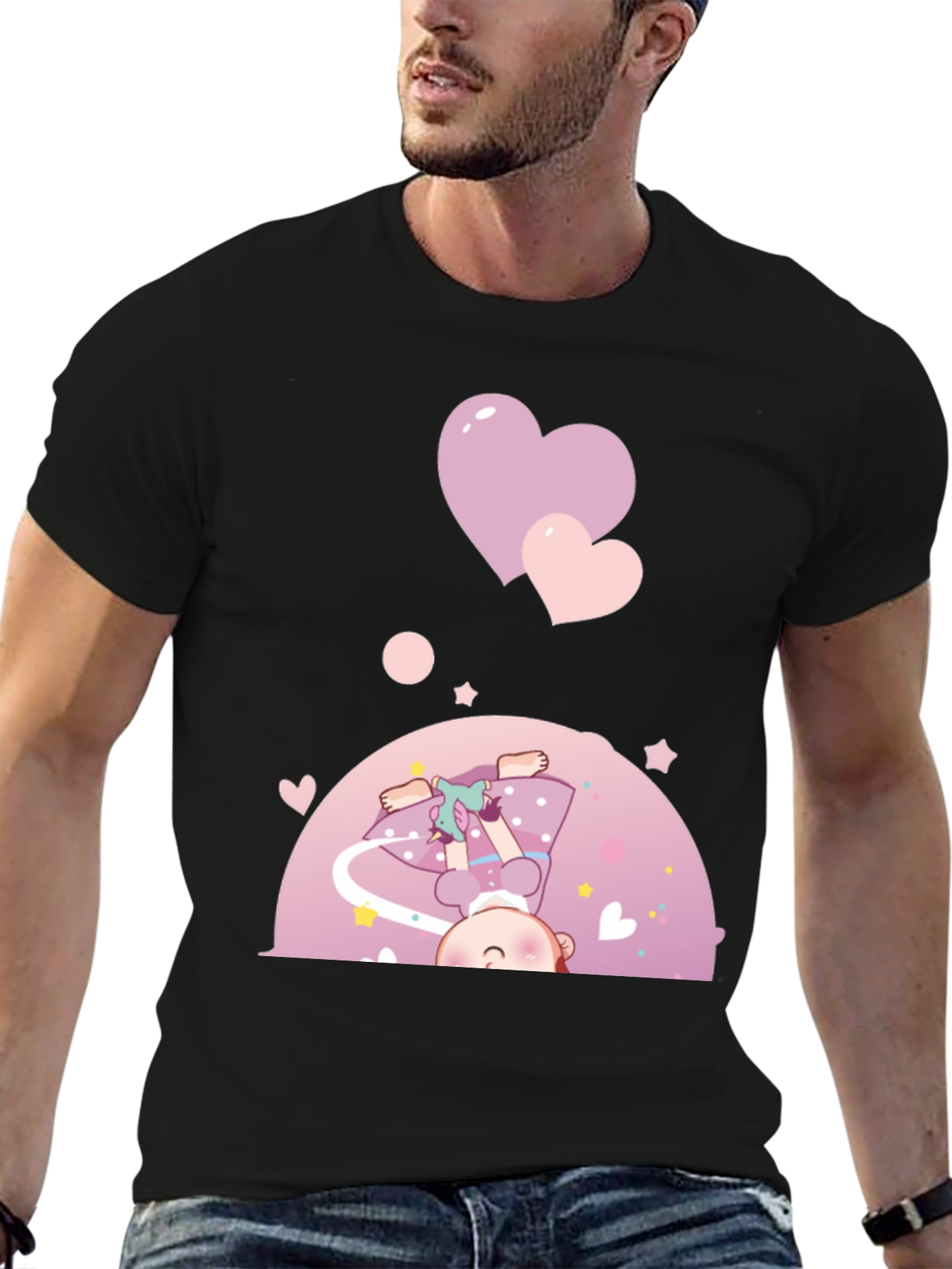 Black Cute Cartoon Girl with Hearts Black T-Shirt view 6