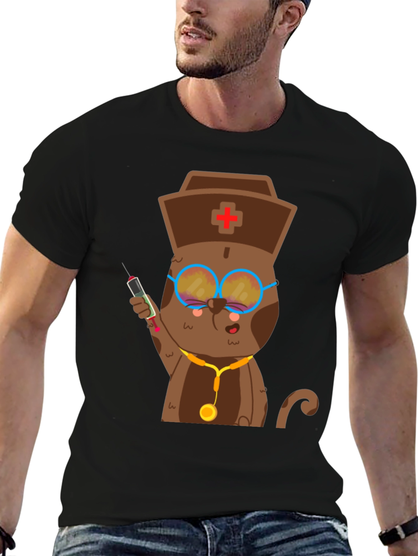 Black Cat Nurse T-Shirt - Funny Animal Tee view 6