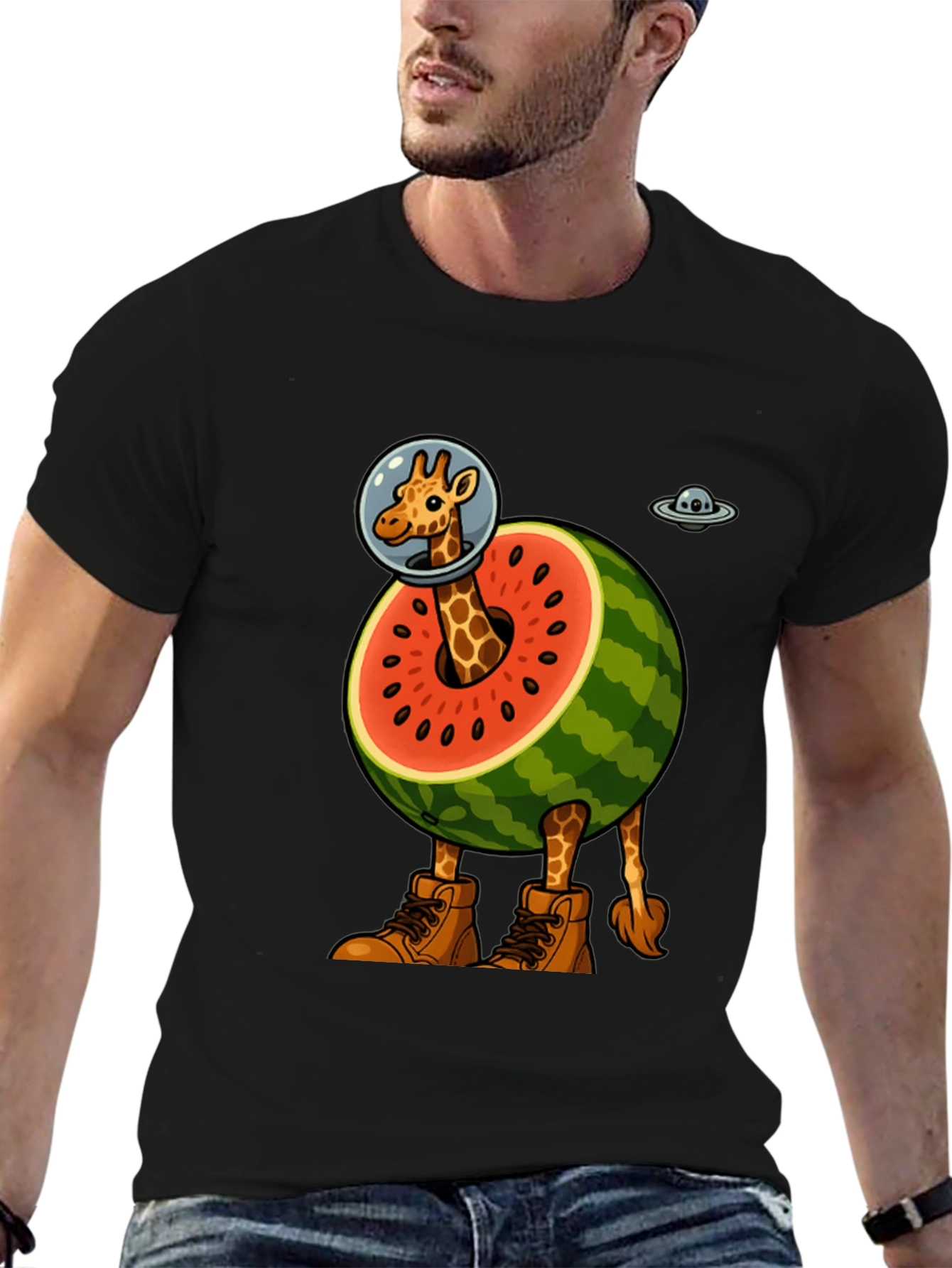 Black Giraffe Astronaut Watermelon T-Shirt view 6