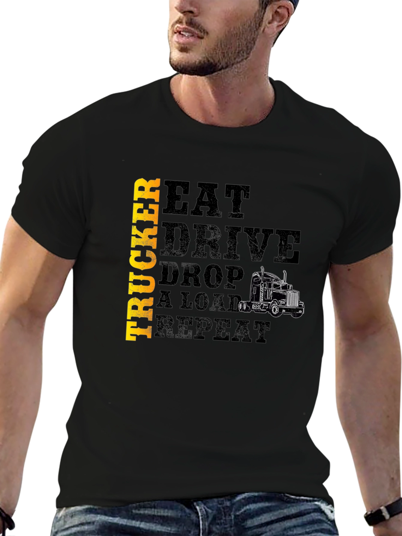 Black Trucker Eat Drive Drop a Load T-Shirt view 6