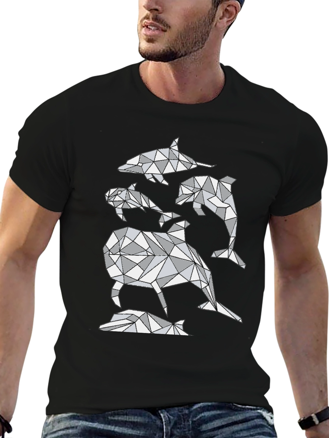 Black Geometric Dolphin T-Shirt - Abstract Marine Life Design view 6