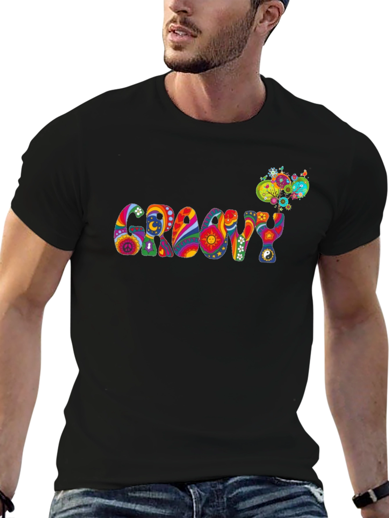 Black Groovy Psychedelic Patterned Black T-Shirt view 6