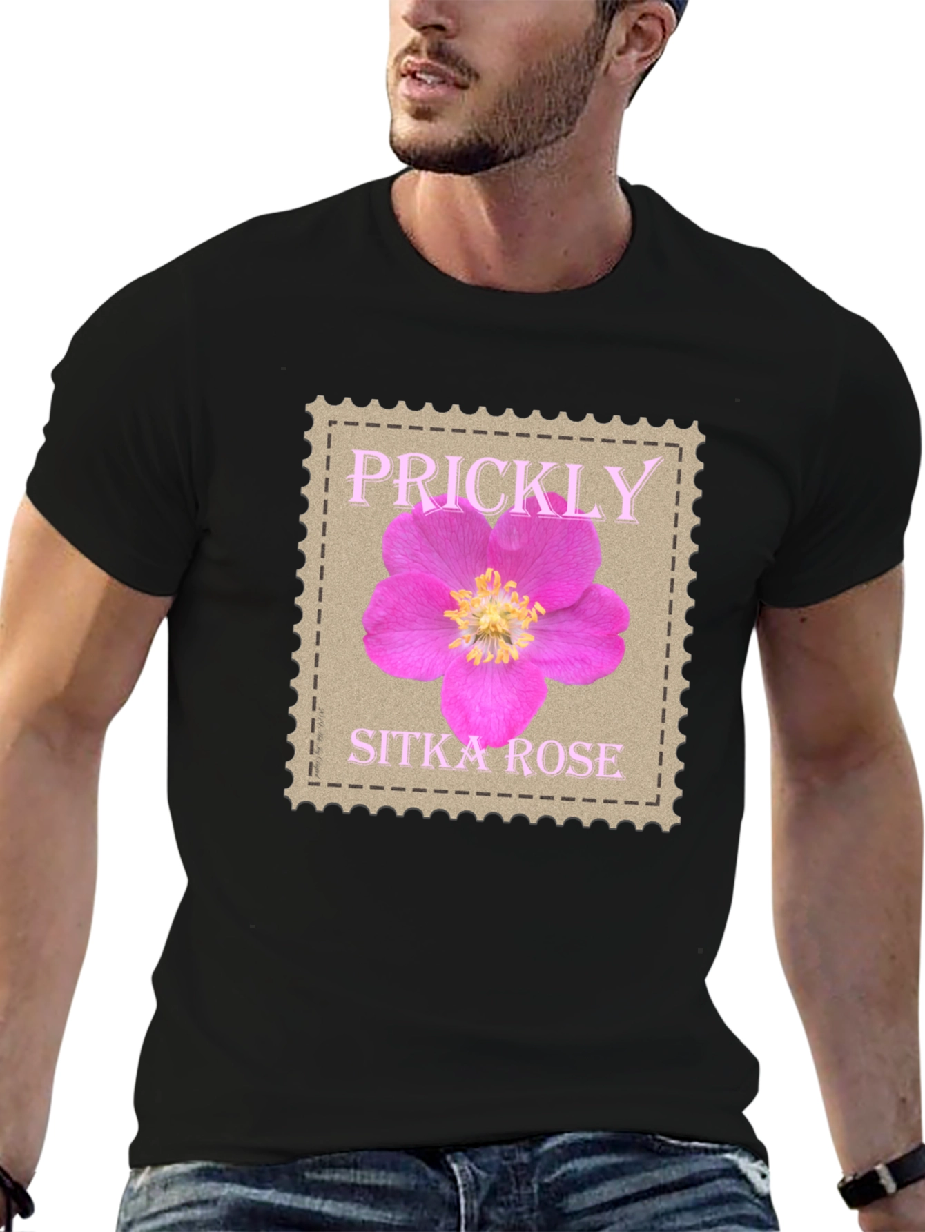 Black Prickly Sitka Rose Stamp Style T-Shirt view 6
