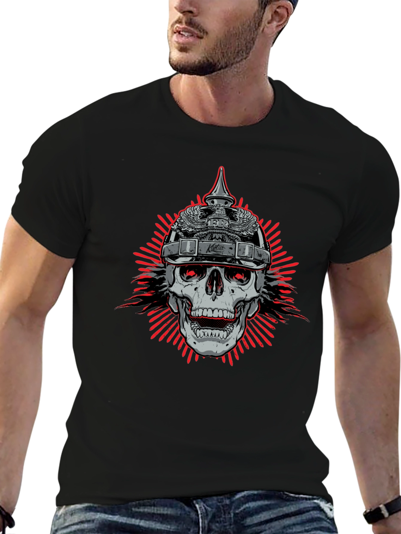 Skull with Helmet Graphic Black T-Shirt - 6