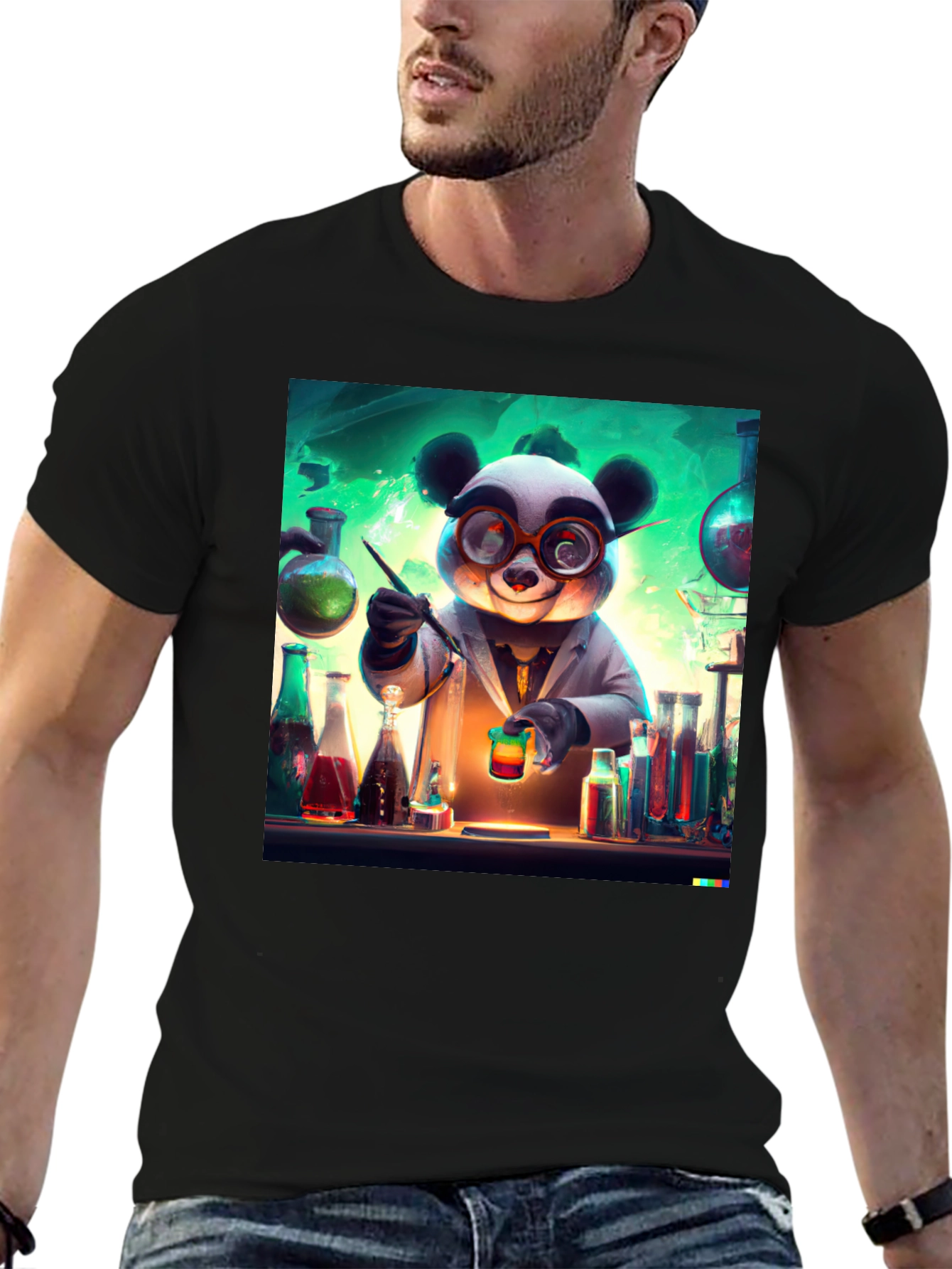 Black Scientist Panda Graphic Tee - Black Cotton T-Shirt view 6