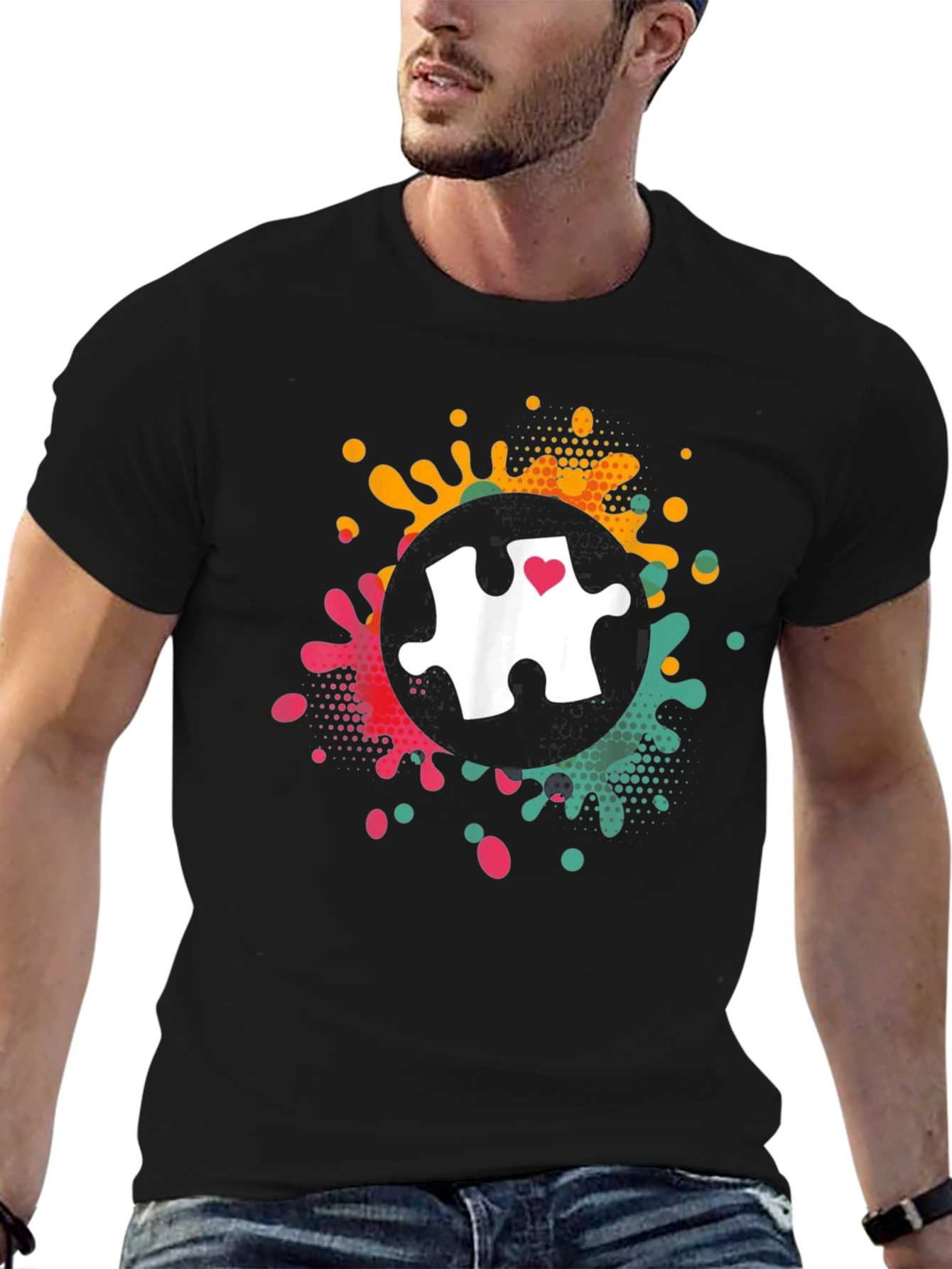Black Autism Awareness Puzzle Heart T-Shirt view 6