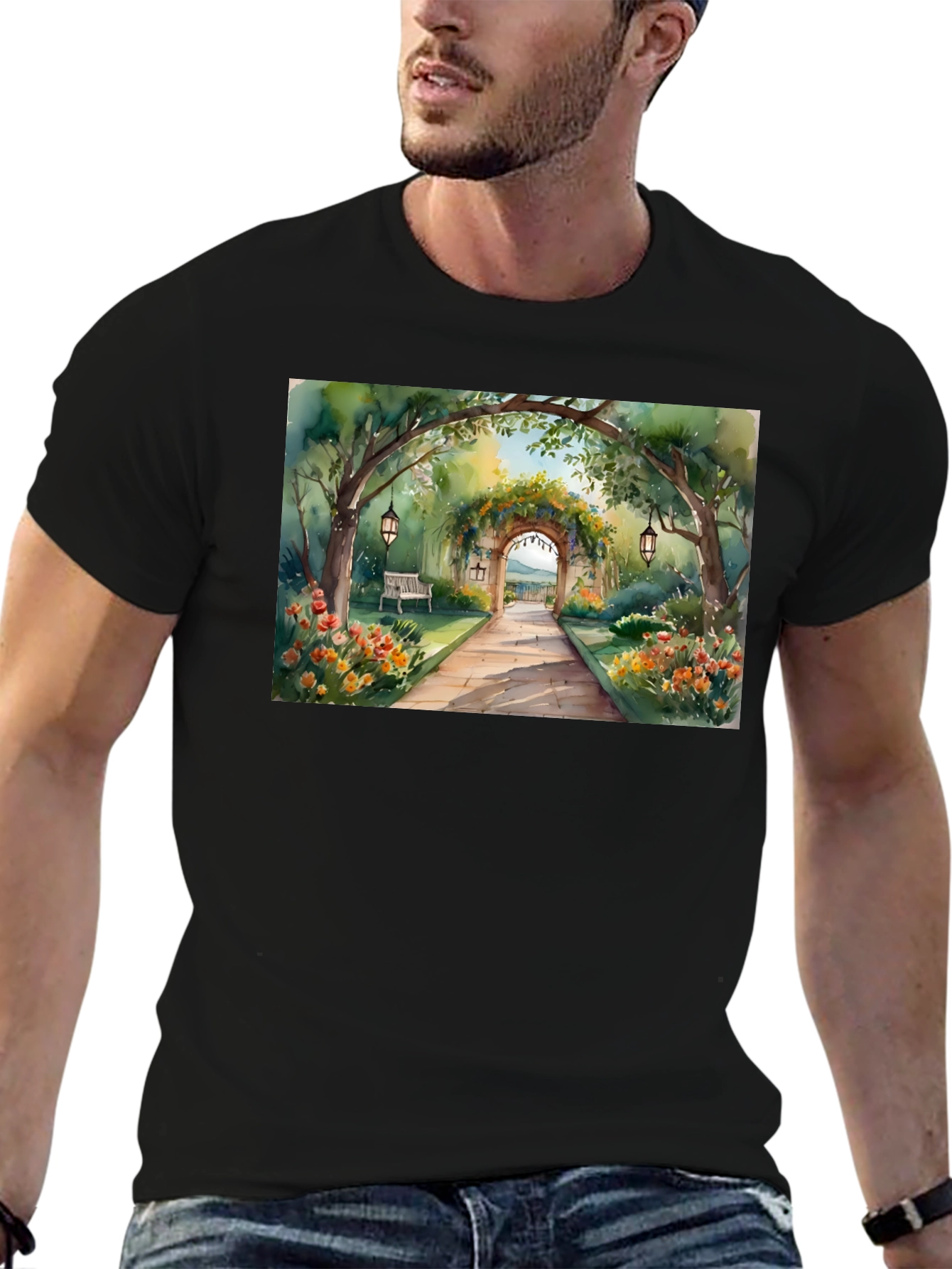 Black Watercolor Garden Path T-Shirt view 6