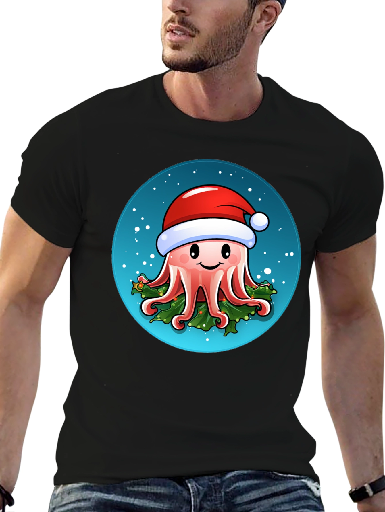 Black Festive Octopus T-Shirt - Holiday Sea Creature Tee view 6