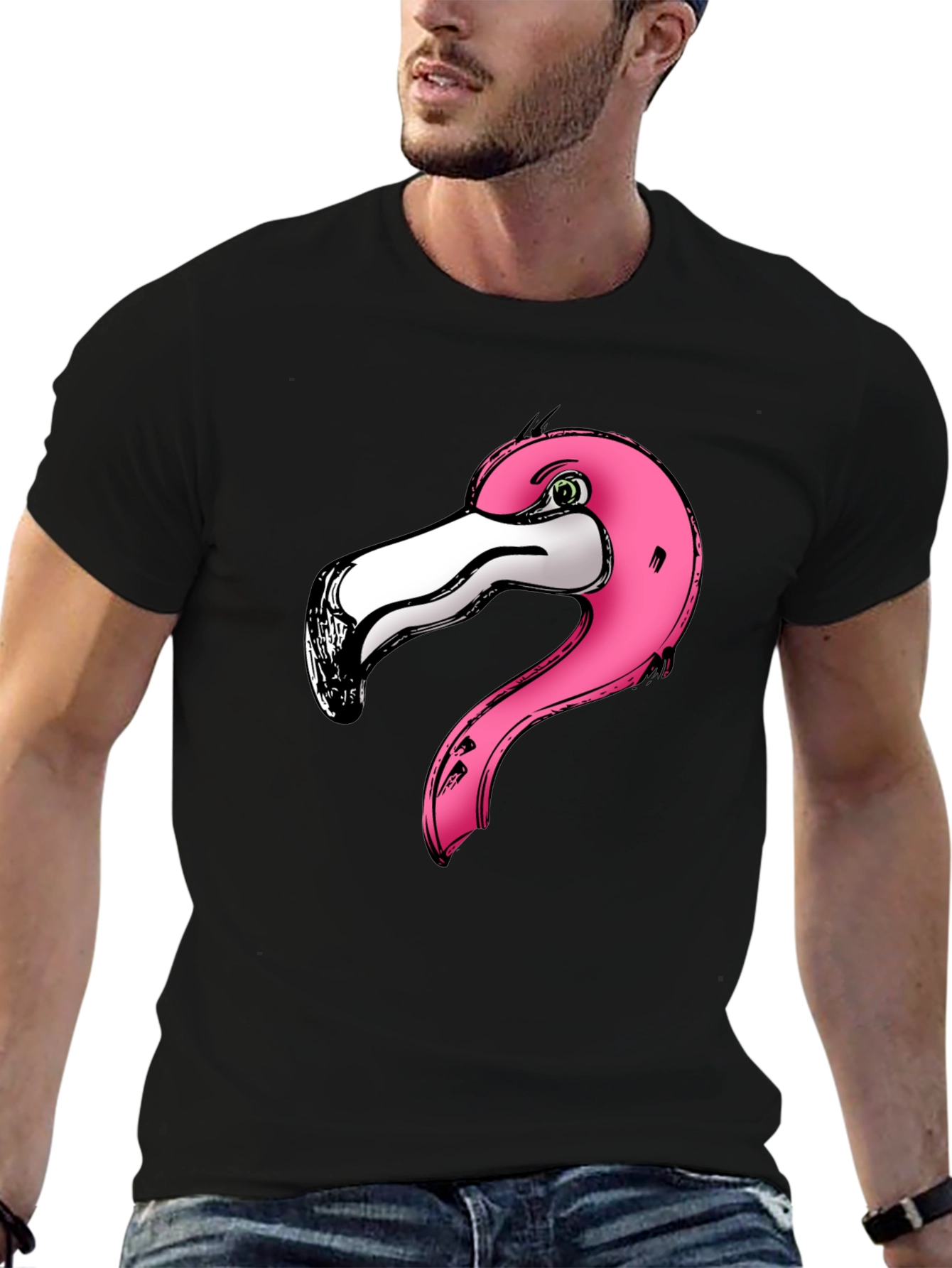 Black Pink Flamingo Graphic Print Black T-Shirt view 6