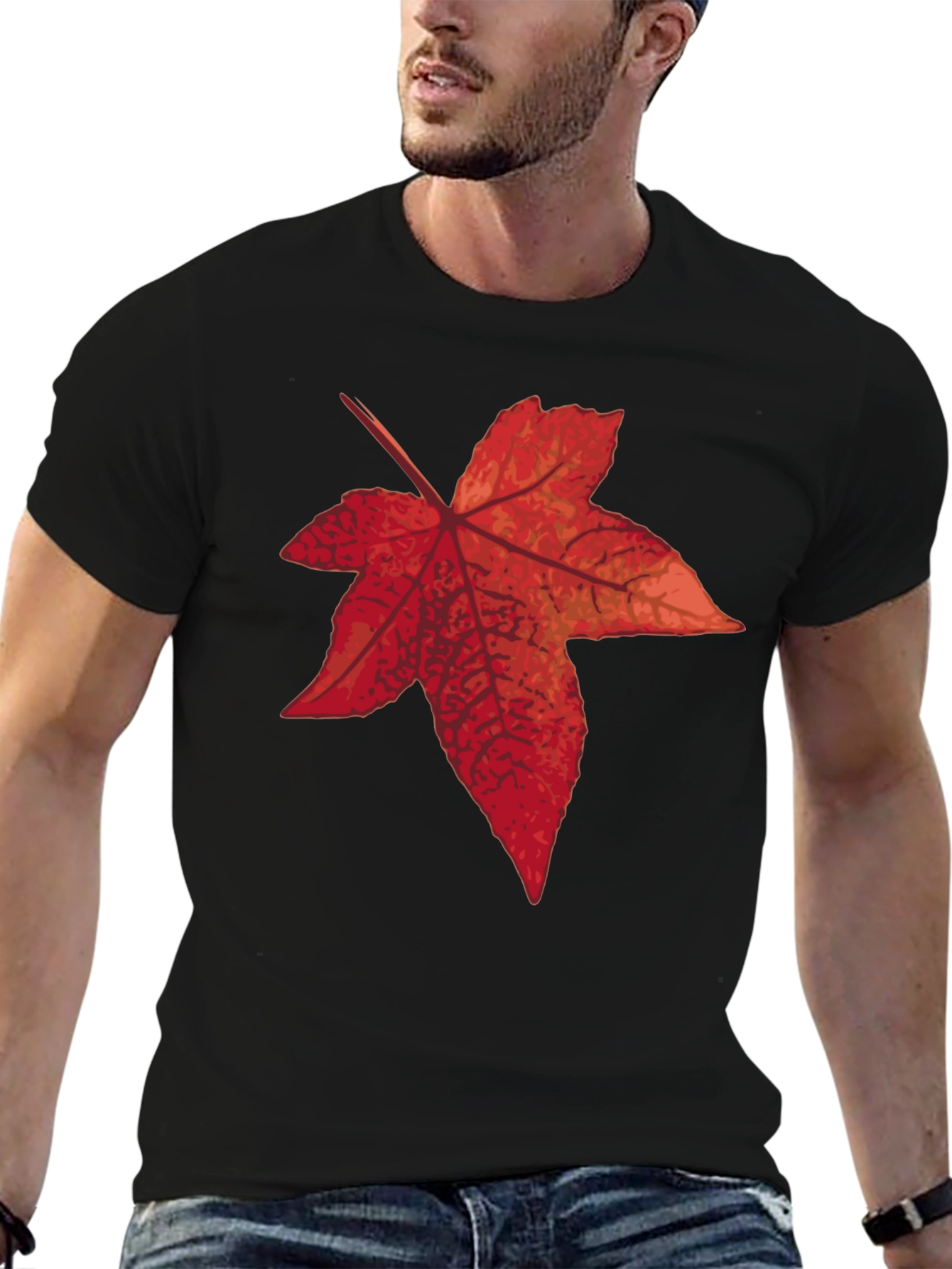 Black Autumn Leaf Graphic Tee - Black Cotton T-Shirt view 6