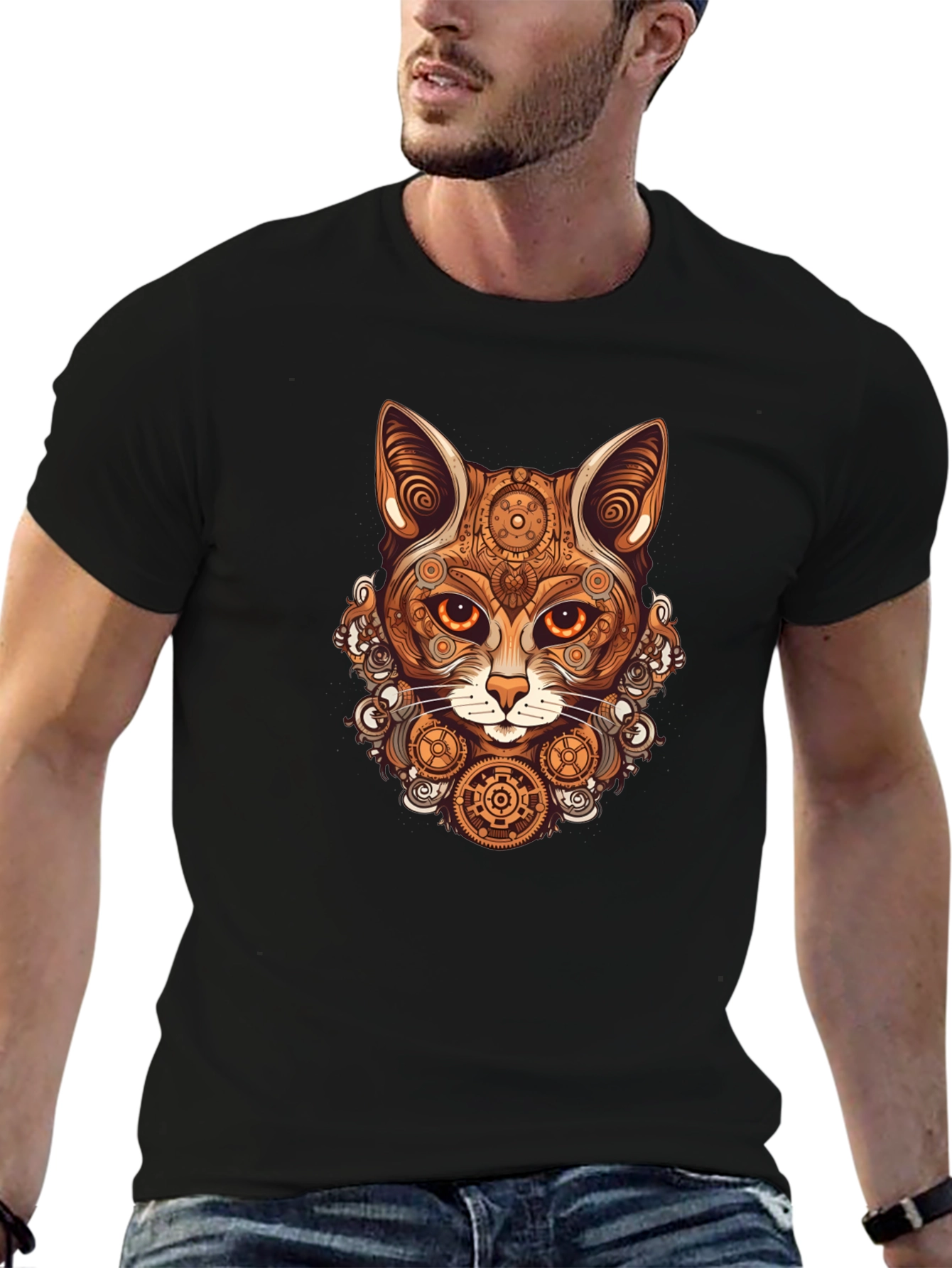 Black Steampunk Cat T-Shirt - Gearwork Feline Design view 6