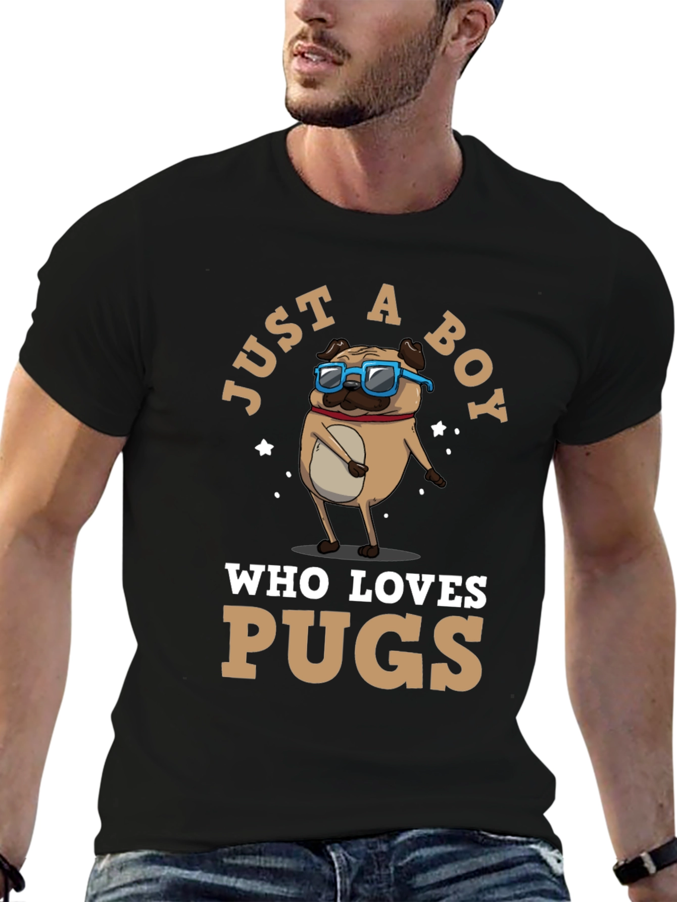 Black Just a Boy Who Loves Pugs T-Shirt view 6