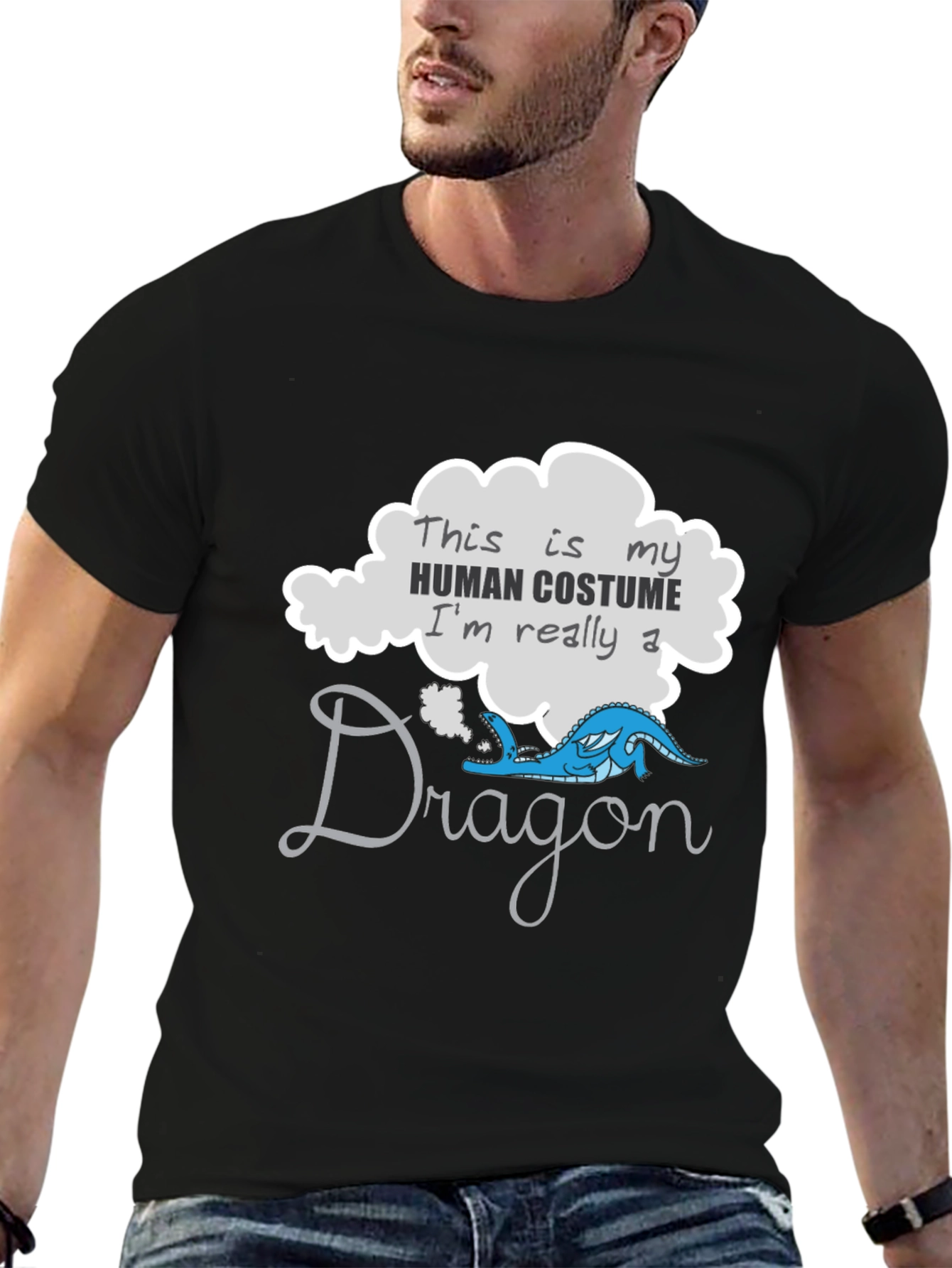Black Funny Dragon Human Costume Graphic T-Shirt view 6