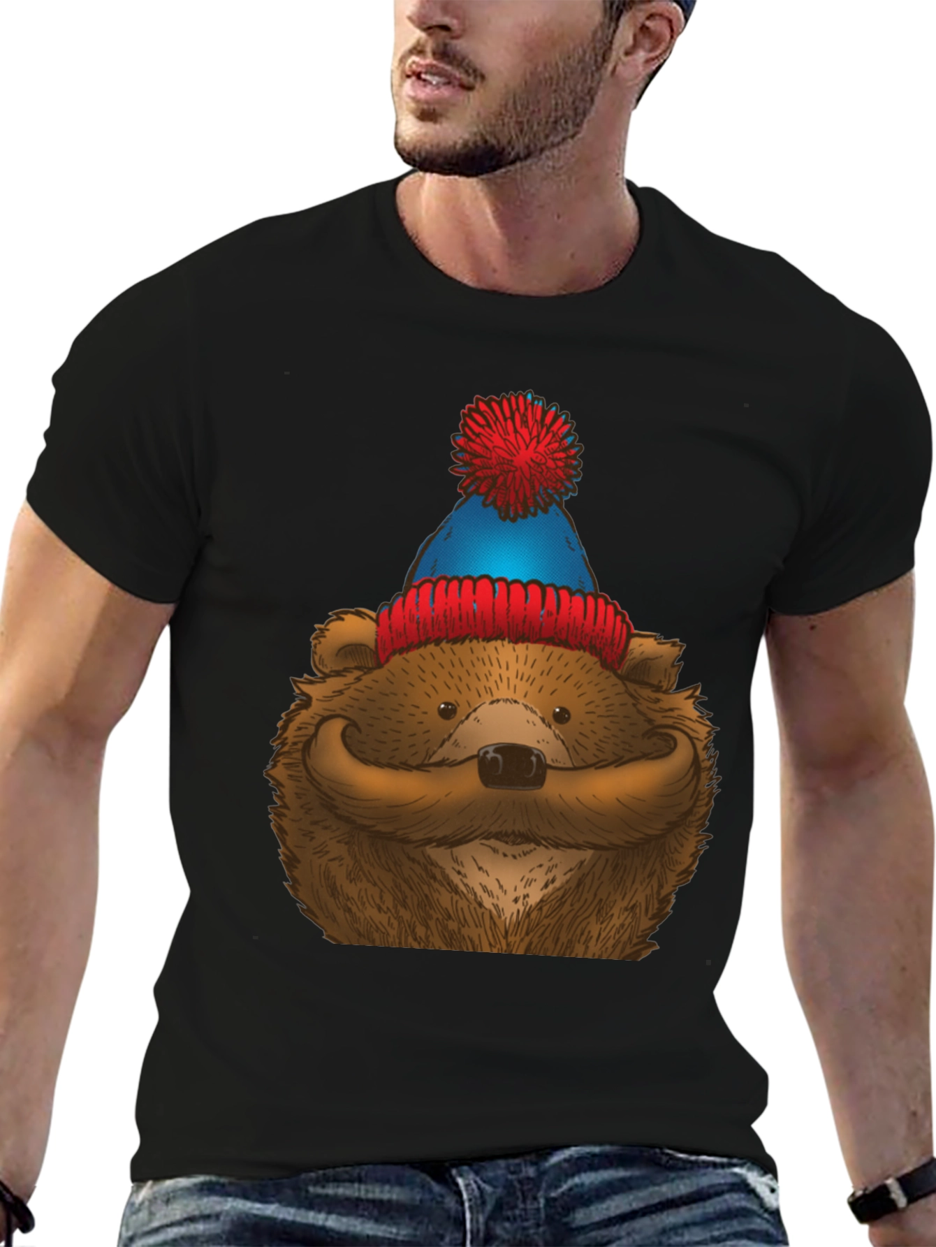 Black Bear with Mustache & Beanie T-Shirt view 6
