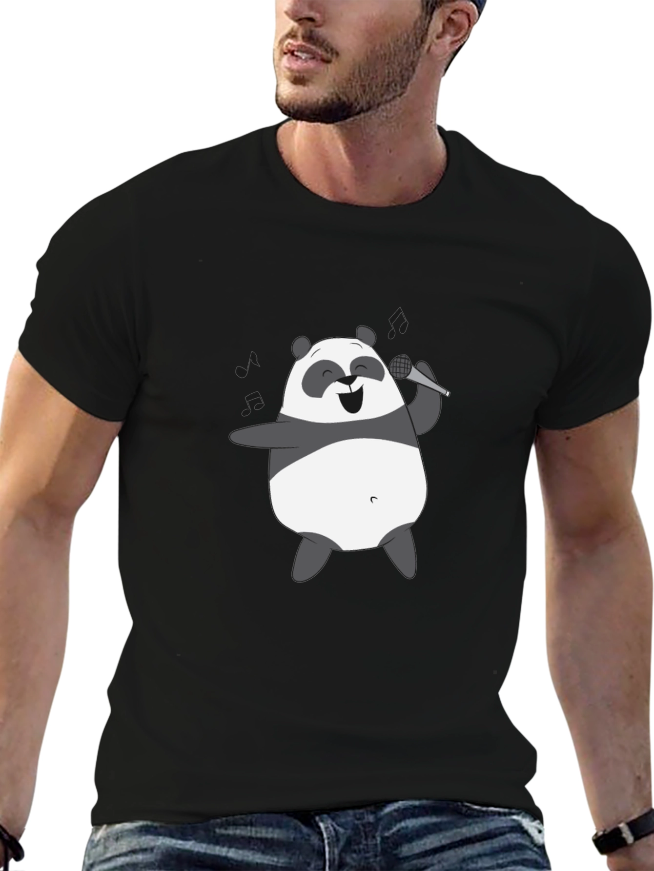 Black Singing Panda Graphic Tee - Black Cotton T-Shirt view 6
